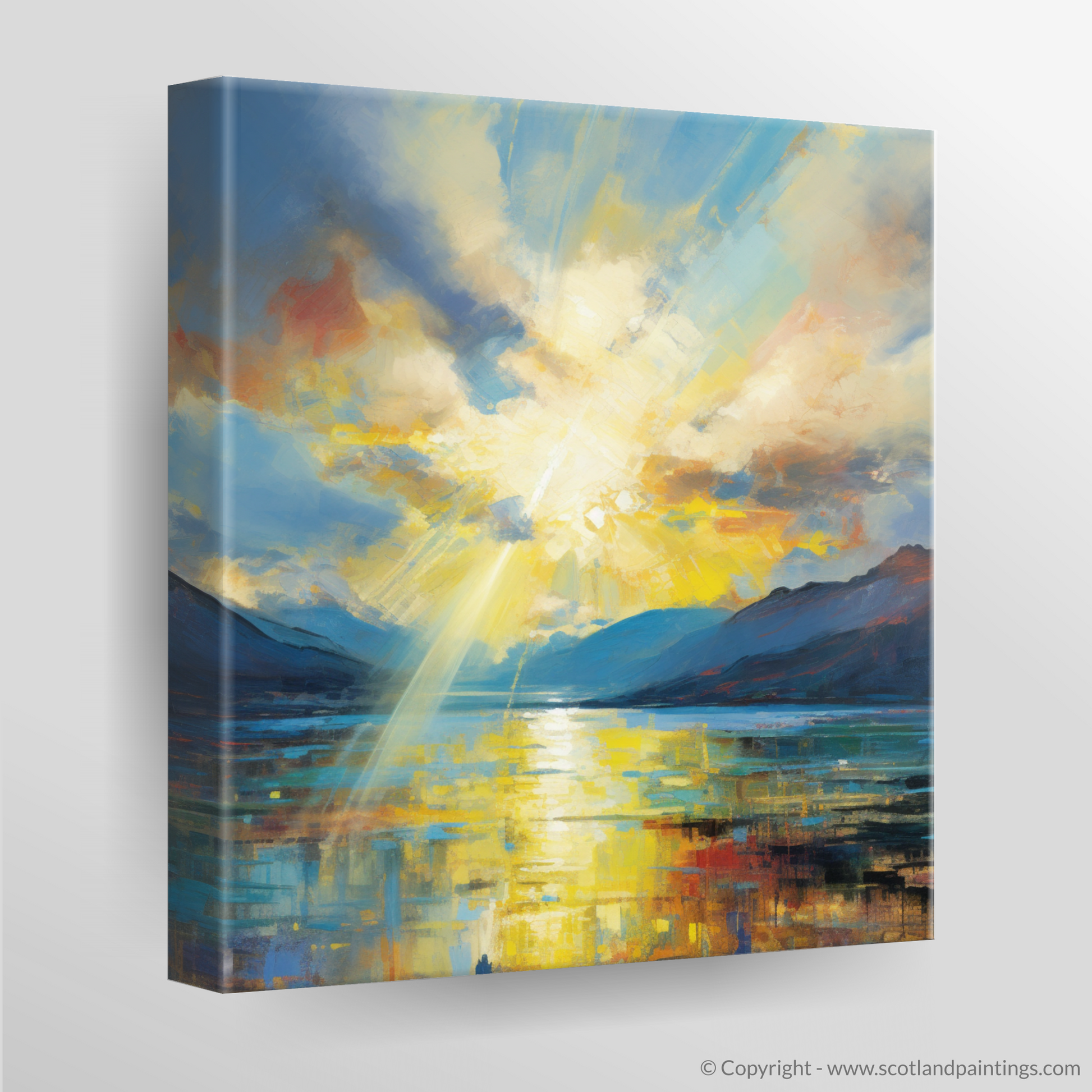 Canvas Print of Sun rays through clouds above Loch Lomond