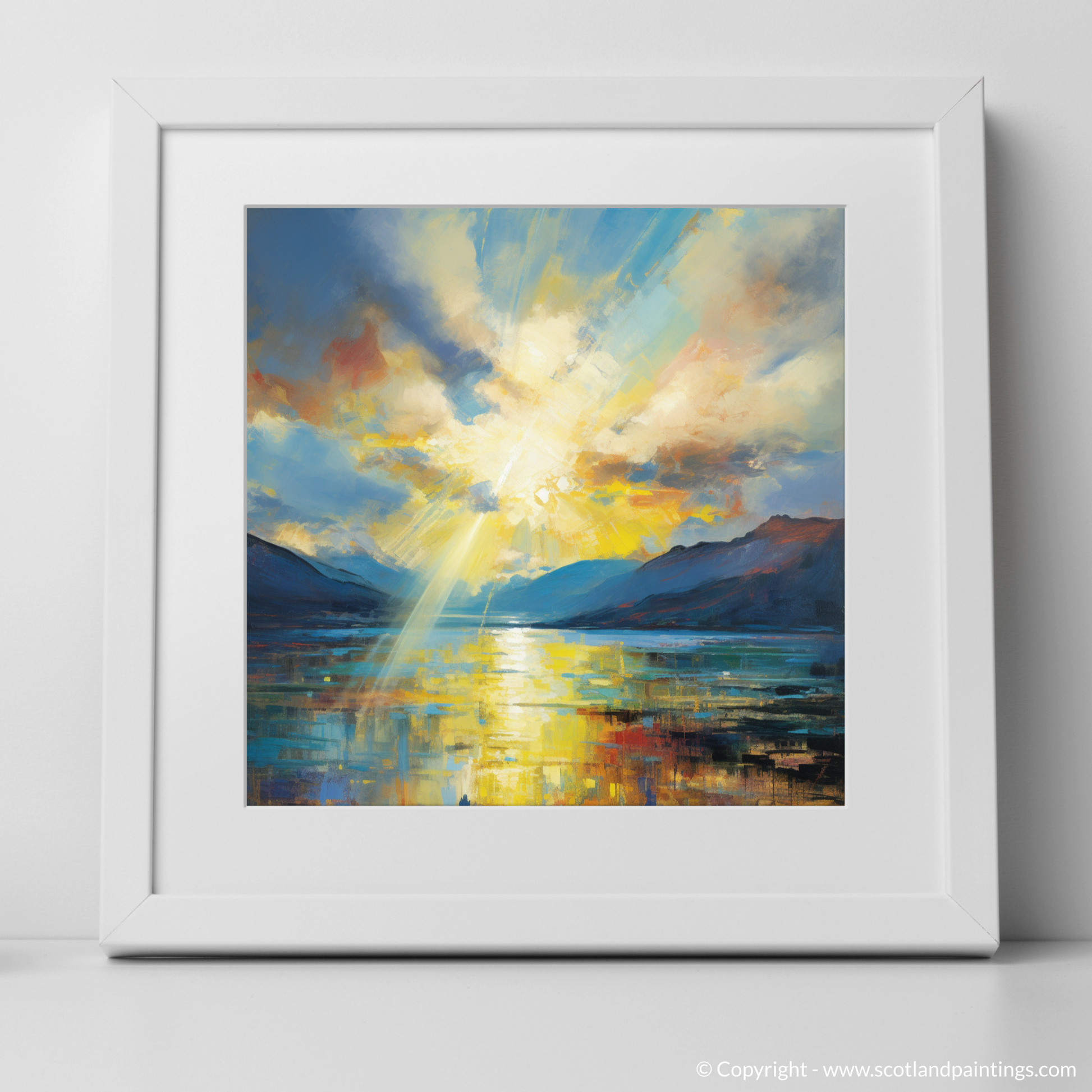 Art Print of Sun rays through clouds above Loch Lomond with a white frame