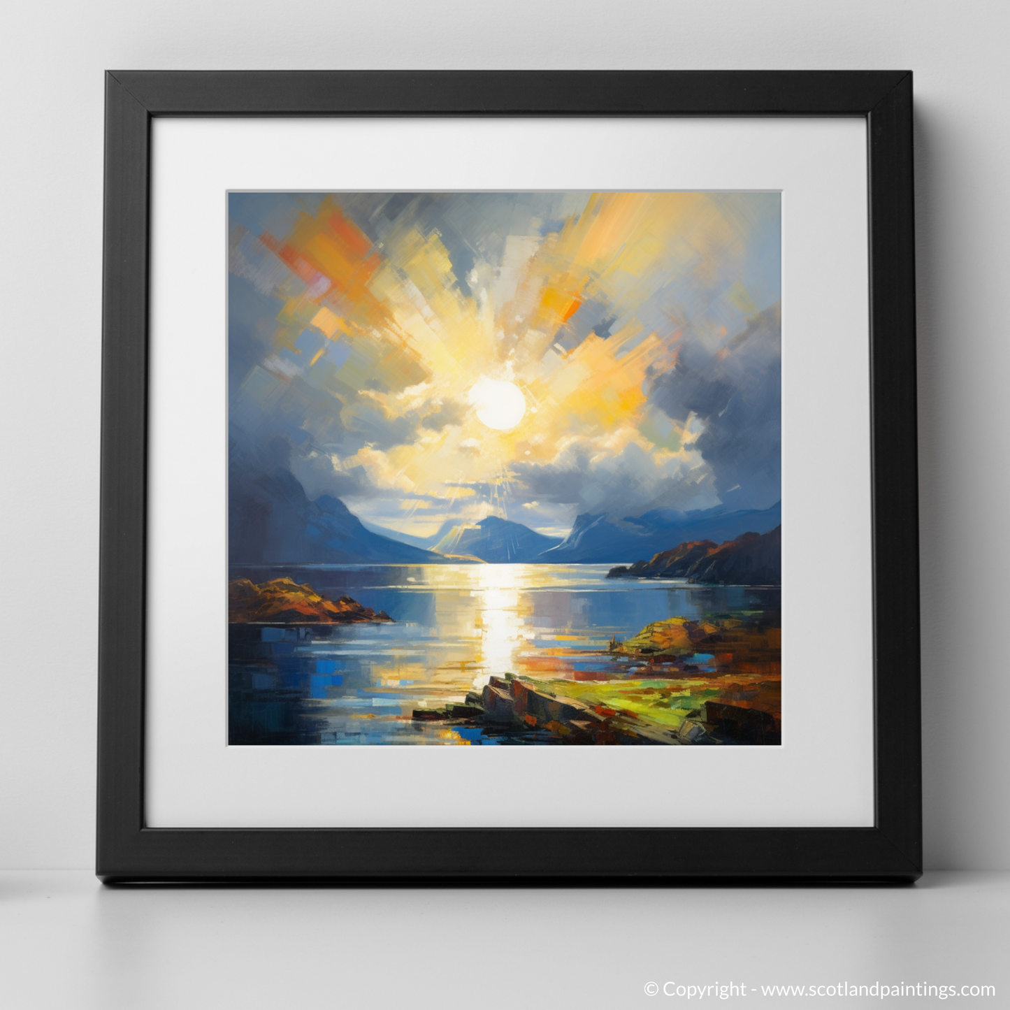 Art Print of Sun rays through clouds above Loch Lomond with a black frame