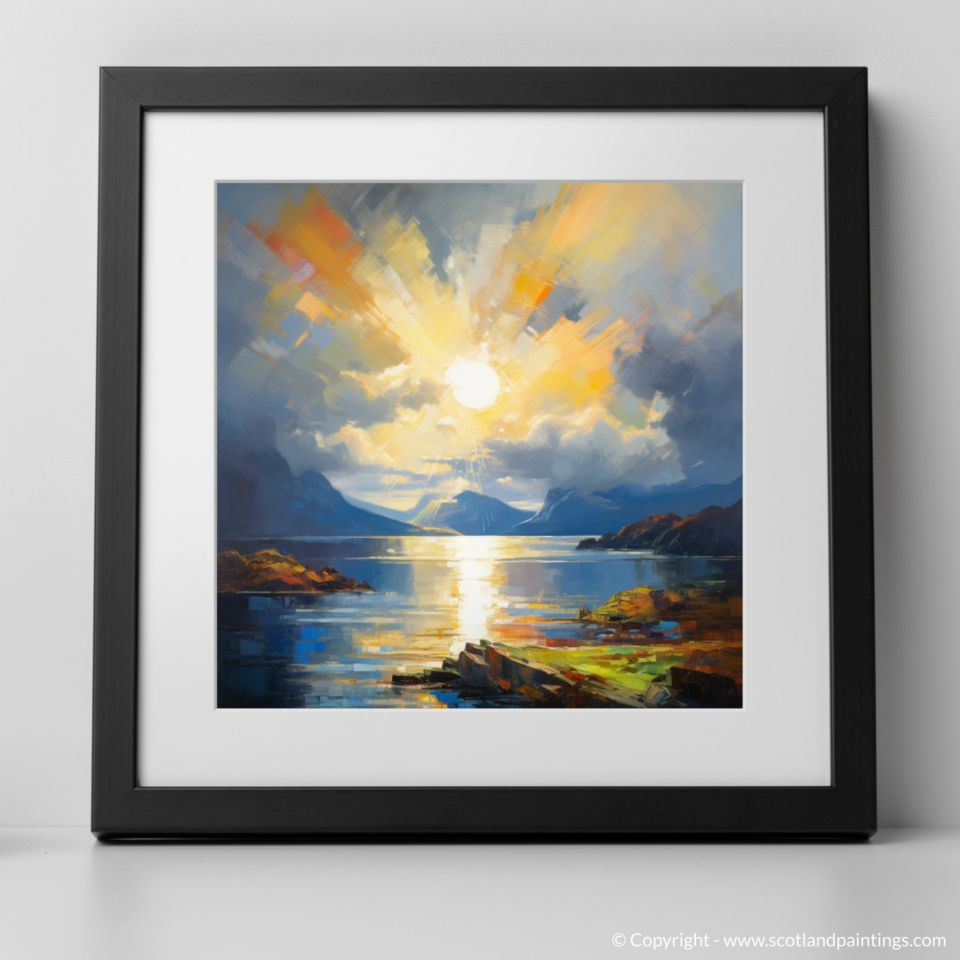 Art Print of Sun rays through clouds above Loch Lomond with a black frame