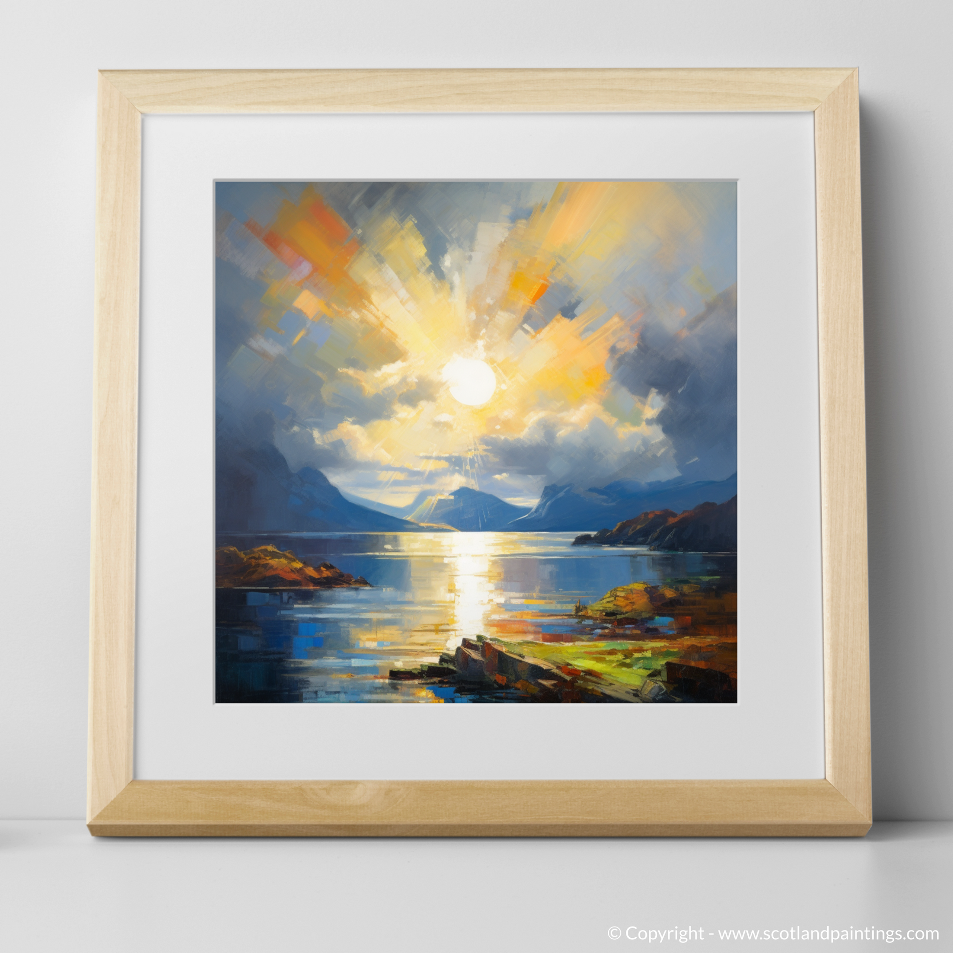 Art Print of Sun rays through clouds above Loch Lomond with a natural frame