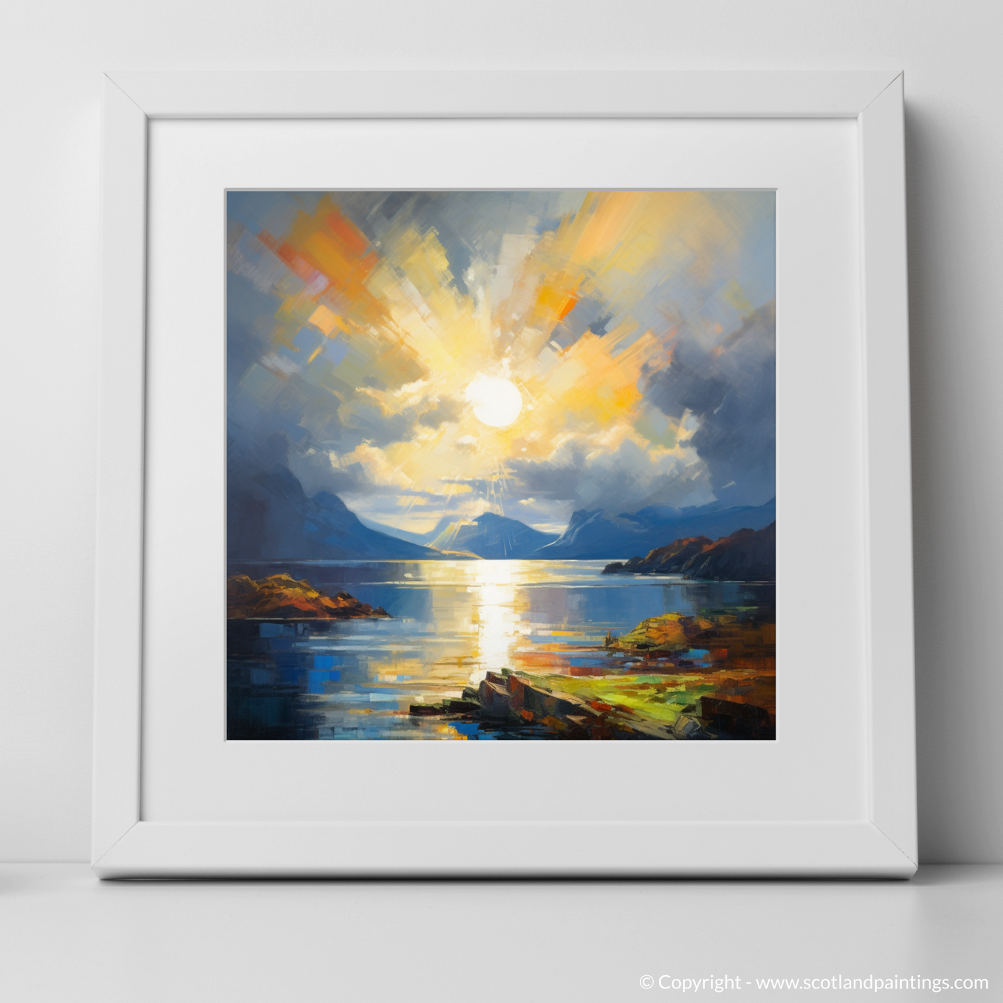 Art Print of Sun rays through clouds above Loch Lomond with a white frame