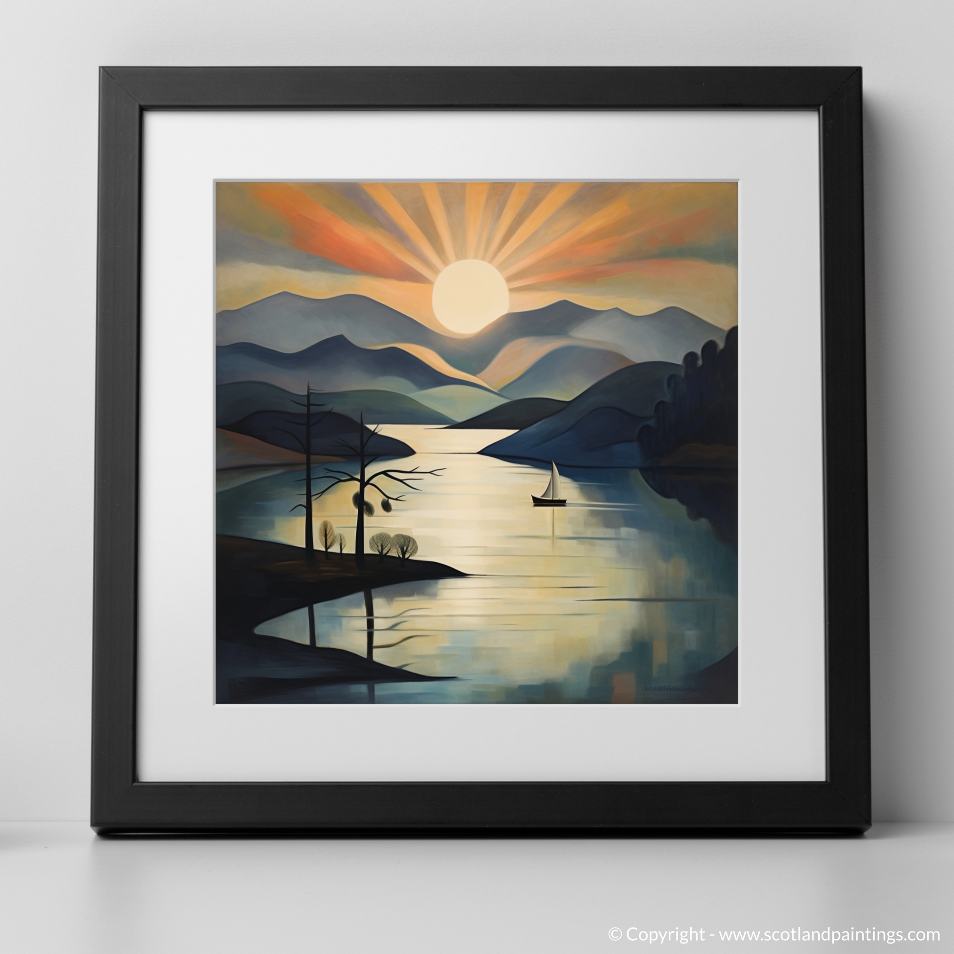 Art Print of Misty morning on Loch Lomond with a black frame