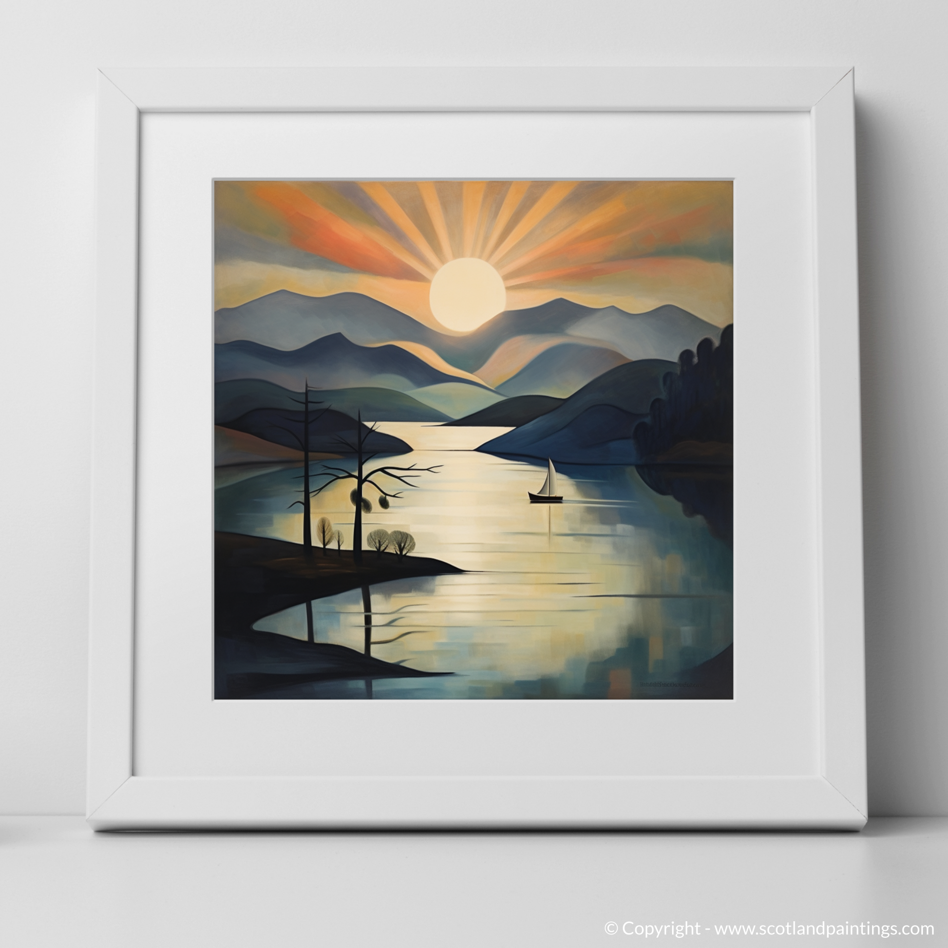 Art Print of Misty morning on Loch Lomond with a white frame