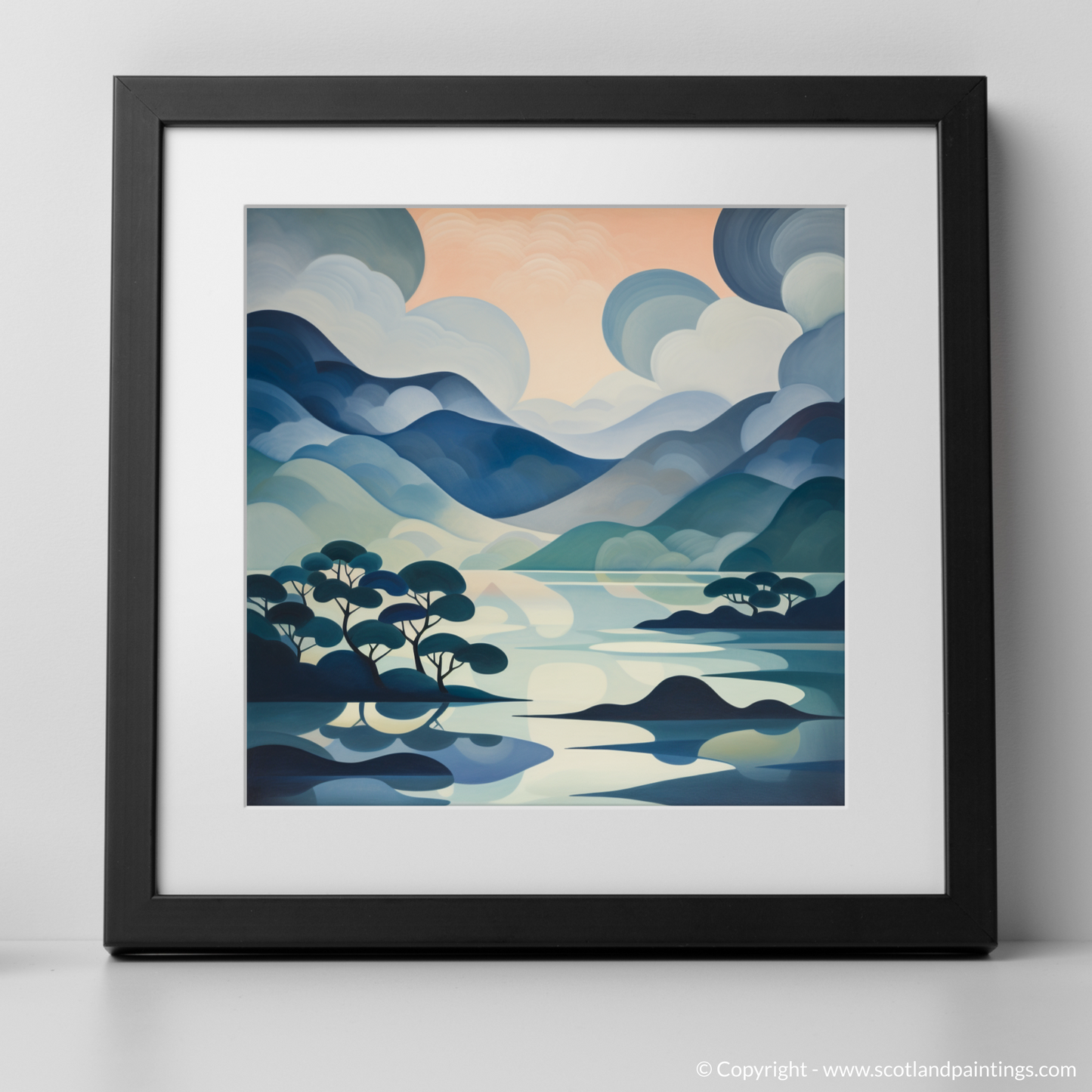 Art Print of Misty morning on Loch Lomond with a black frame