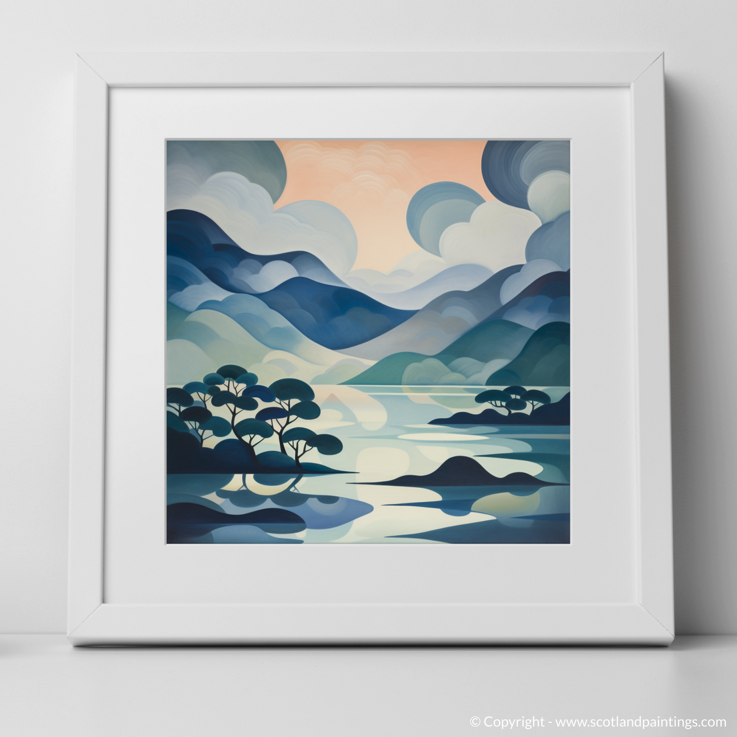 Art Print of Misty morning on Loch Lomond with a white frame