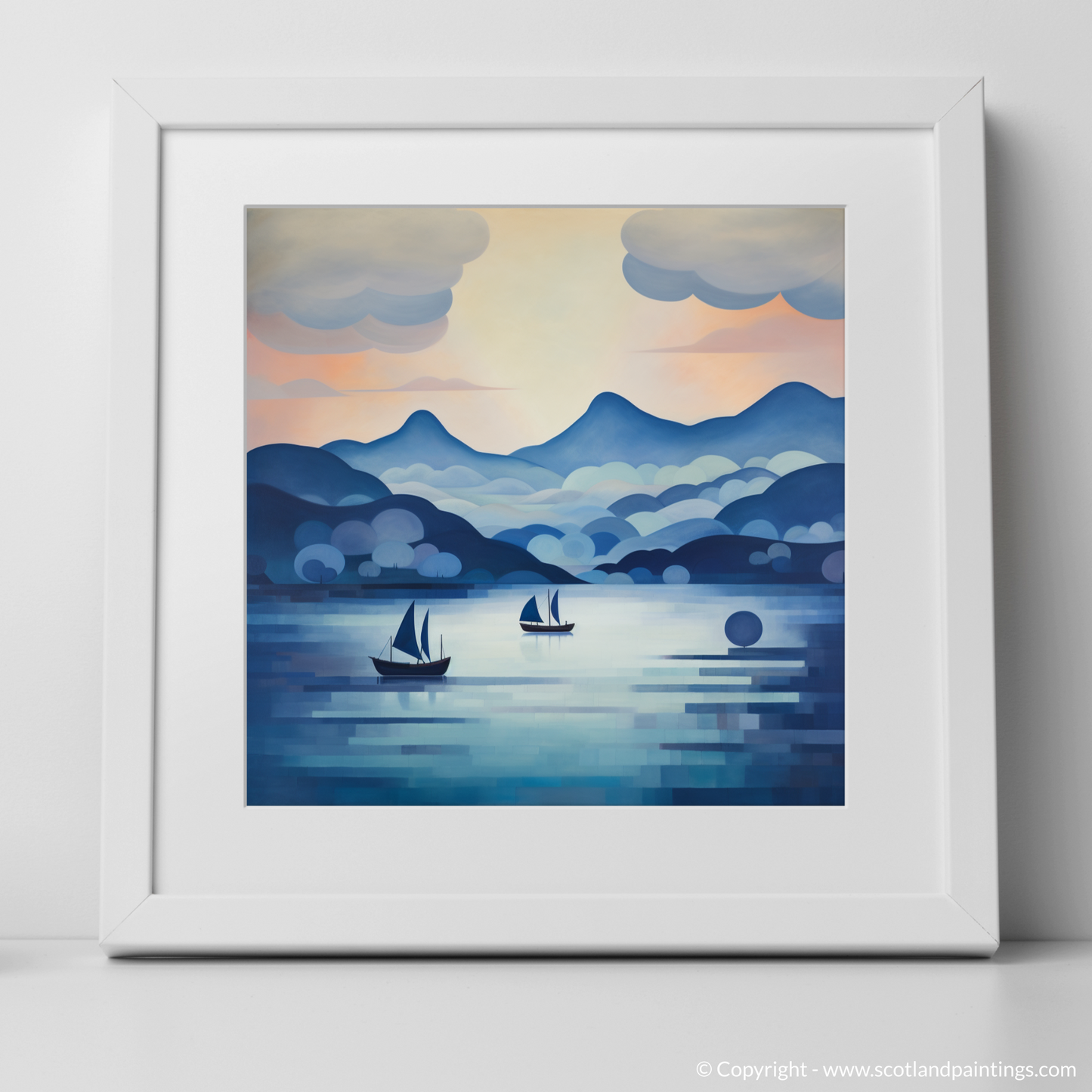 Art Print of Misty morning on Loch Lomond with a white frame