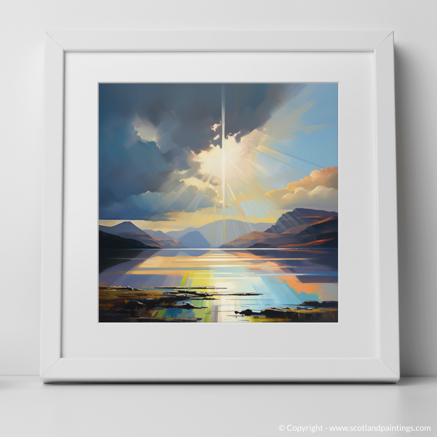 Art Print of Crepuscular rays above Loch Lomond with a white frame