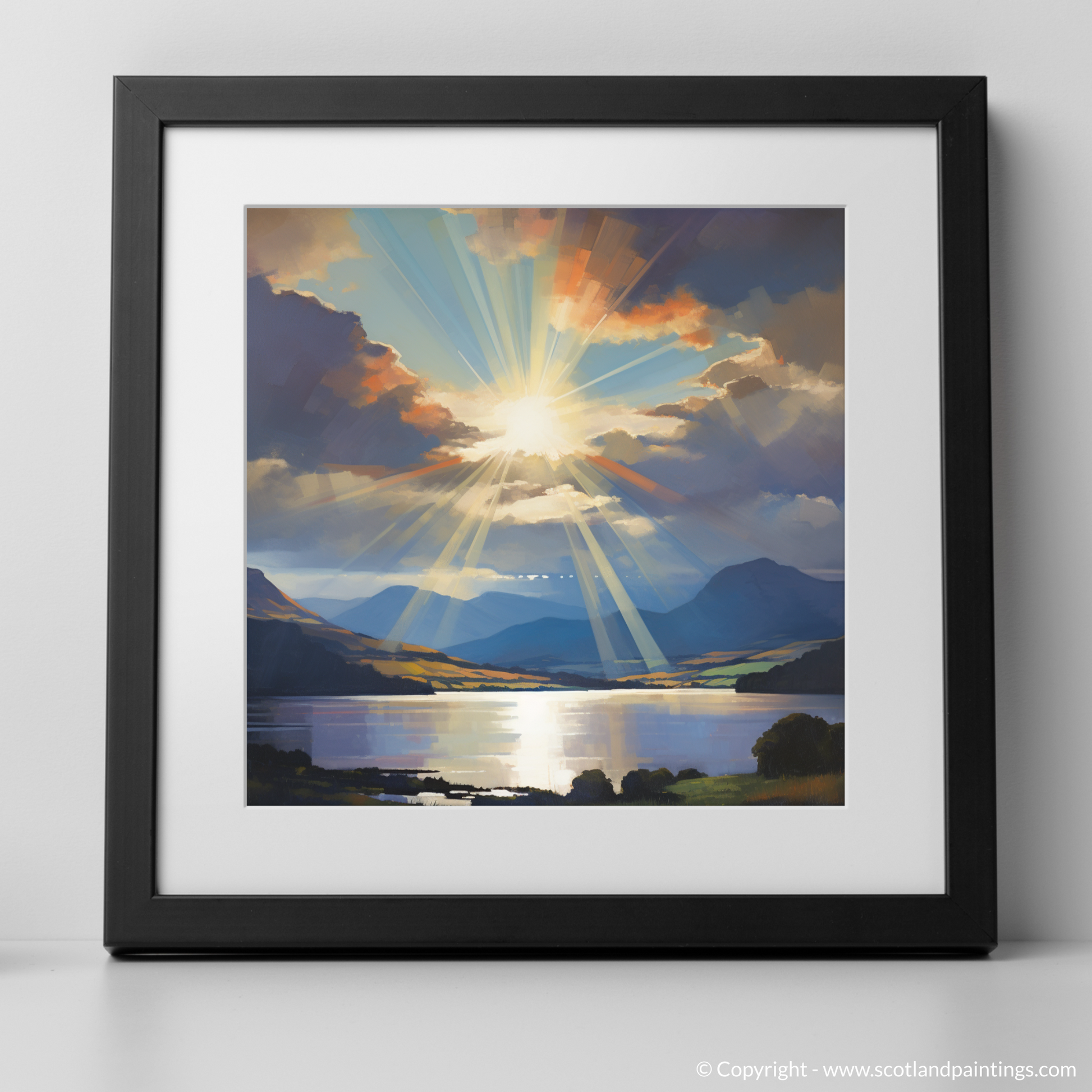 Art Print of Crepuscular rays above Loch Lomond with a black frame