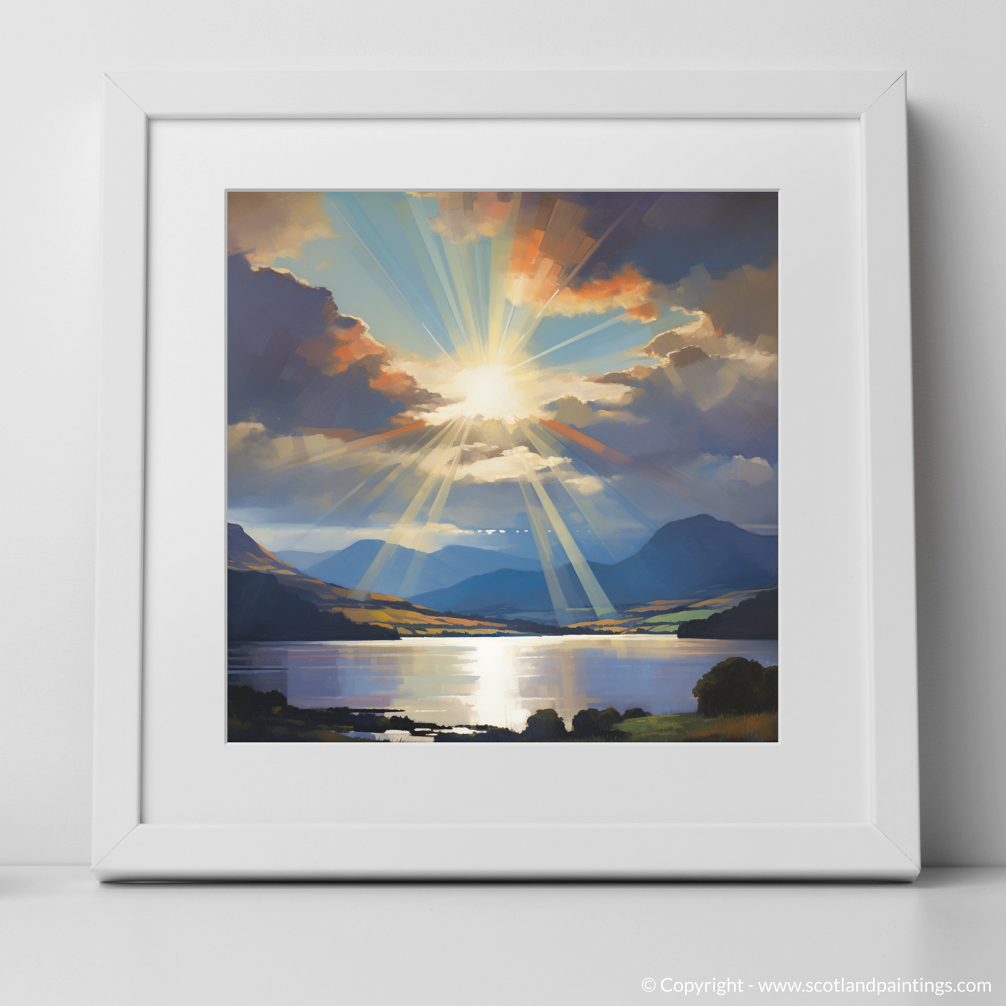 Art Print of Crepuscular rays above Loch Lomond with a white frame