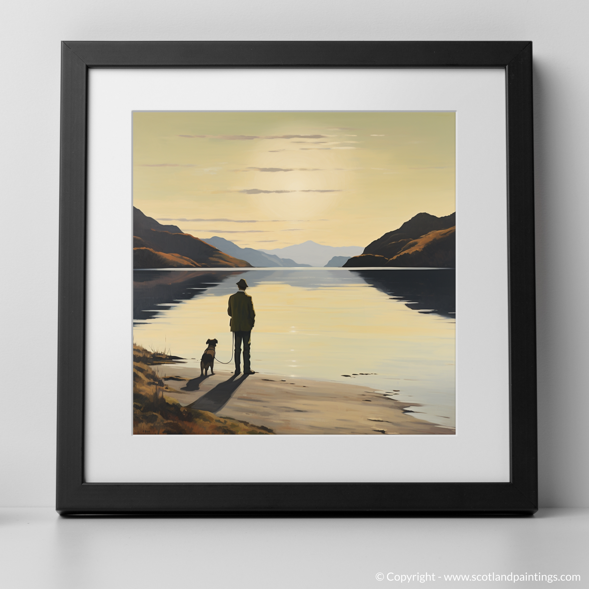 Art Print of A man walking dog at the side of Loch Lomond with a black frame