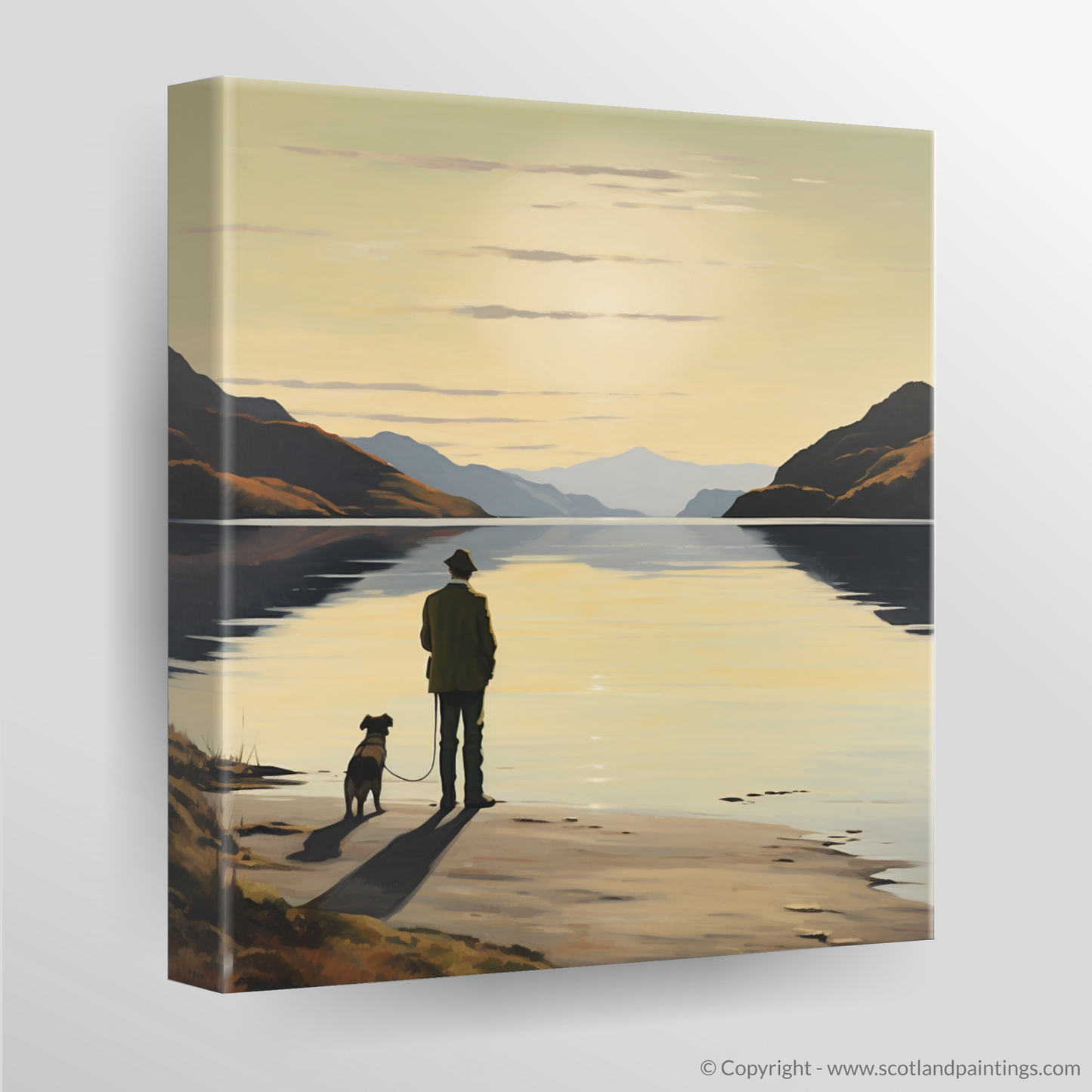 Canvas Print of A man walking dog at the side of Loch Lomond