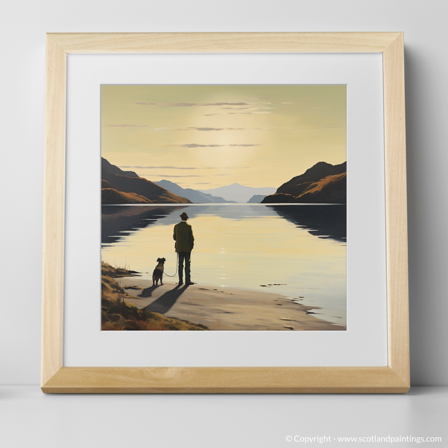 Art Print of A man walking dog at the side of Loch Lomond with a natural frame