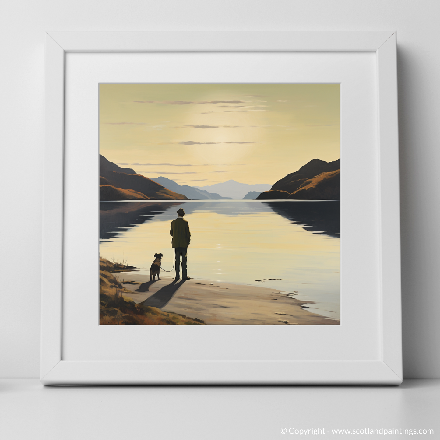 Art Print of A man walking dog at the side of Loch Lomond with a white frame