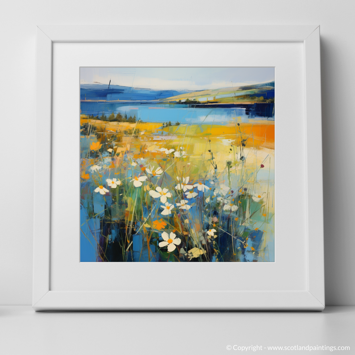 Art Print of Wildflowers by Loch Lomond with a white frame