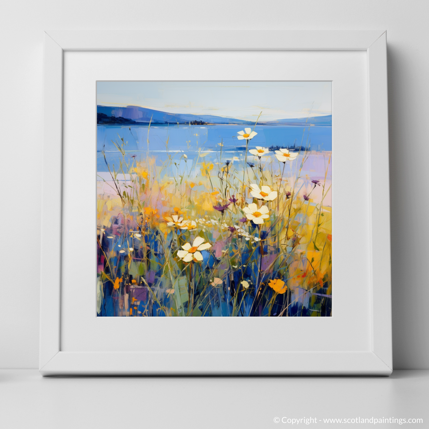 Art Print of Wildflowers by Loch Lomond with a white frame