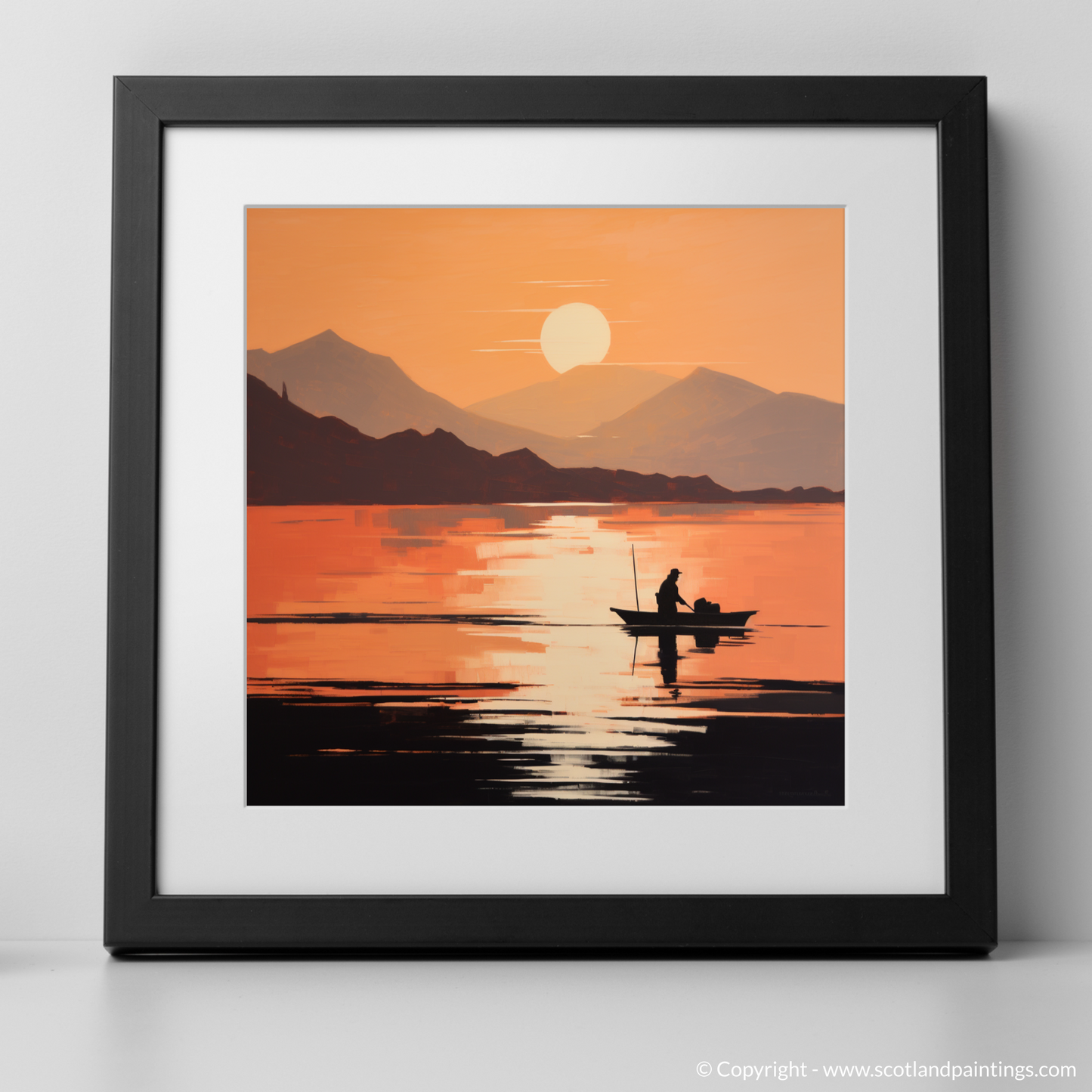 Painting and Art Print of Silhouetted fisherman on Loch Lomond. Silhouetted Serenity on Loch Lomond.