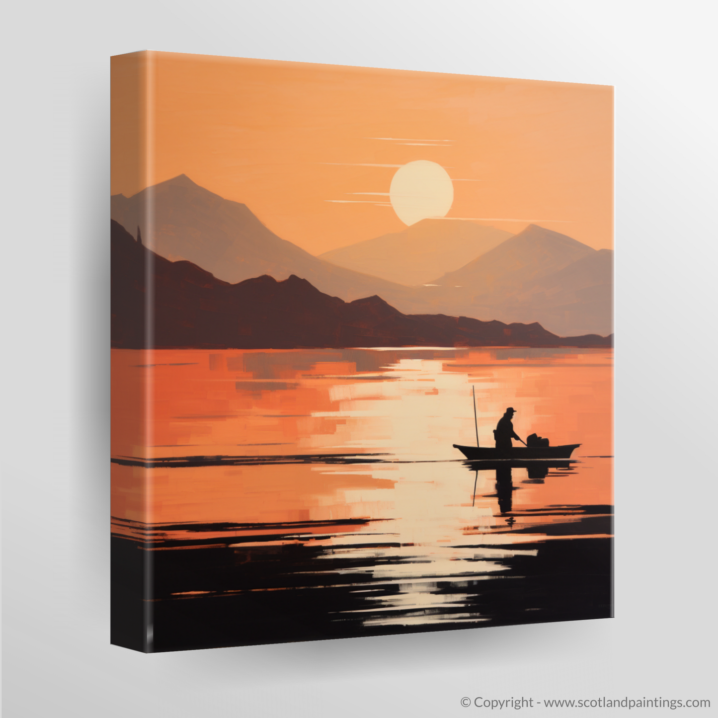 Painting and Art Print of Silhouetted fisherman on Loch Lomond. Silhouetted Serenity on Loch Lomond.