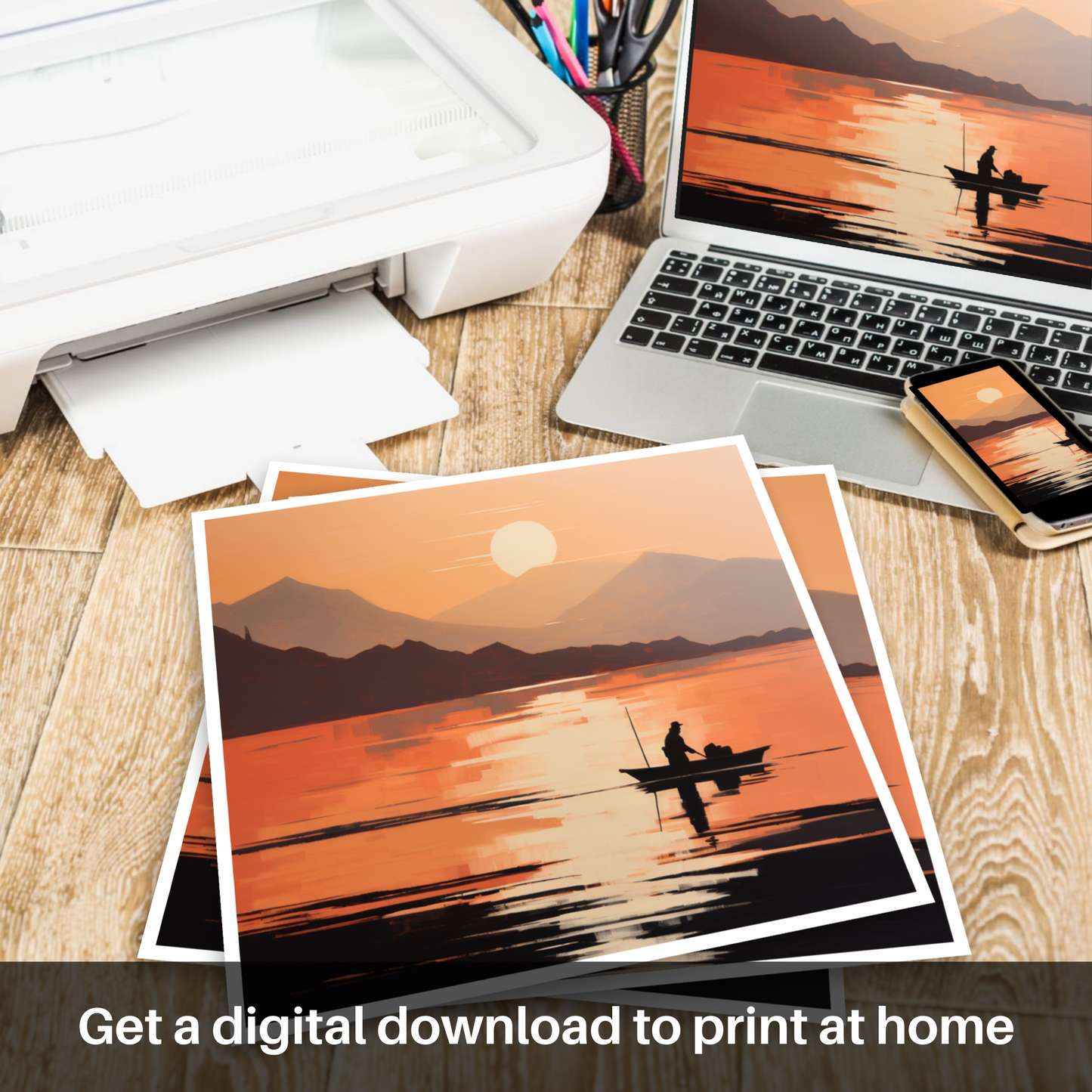 Painting and Art Print of Silhouetted fisherman on Loch Lomond. Silhouetted Serenity on Loch Lomond.