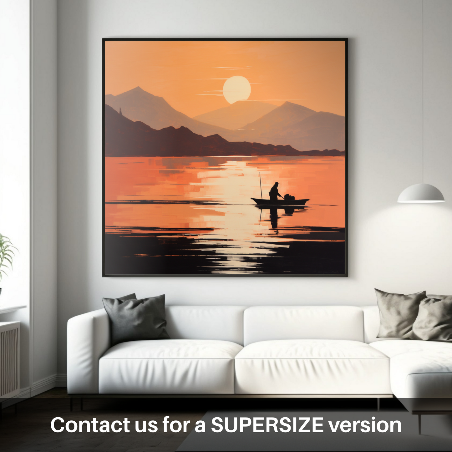 Painting and Art Print of Silhouetted fisherman on Loch Lomond. Silhouetted Serenity on Loch Lomond.