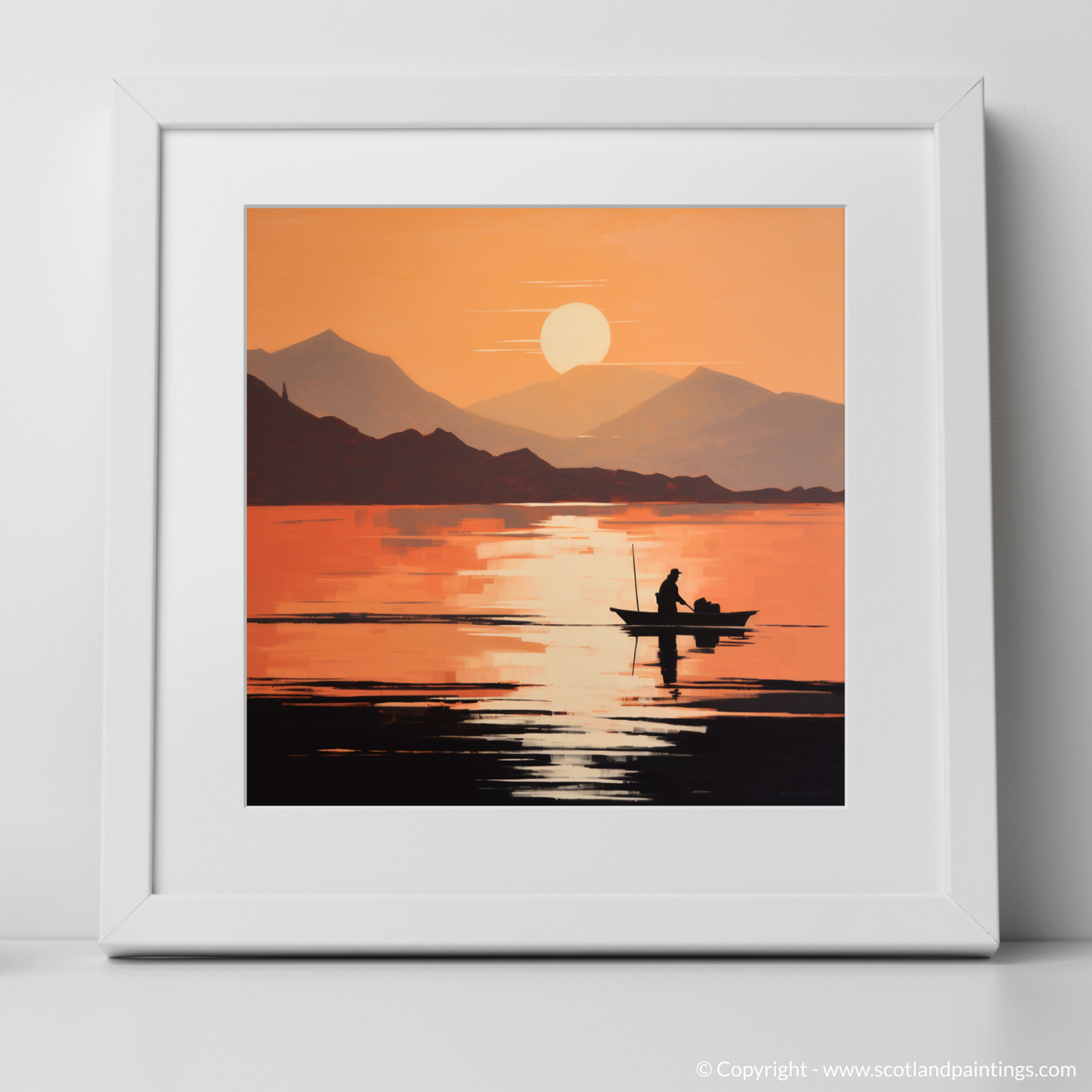 Painting and Art Print of Silhouetted fisherman on Loch Lomond. Silhouetted Serenity on Loch Lomond.