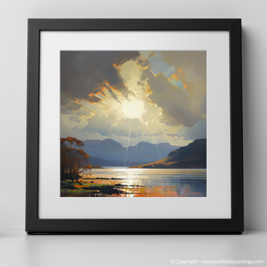 Art Print of Crepuscular rays above Loch Lomond with a black frame