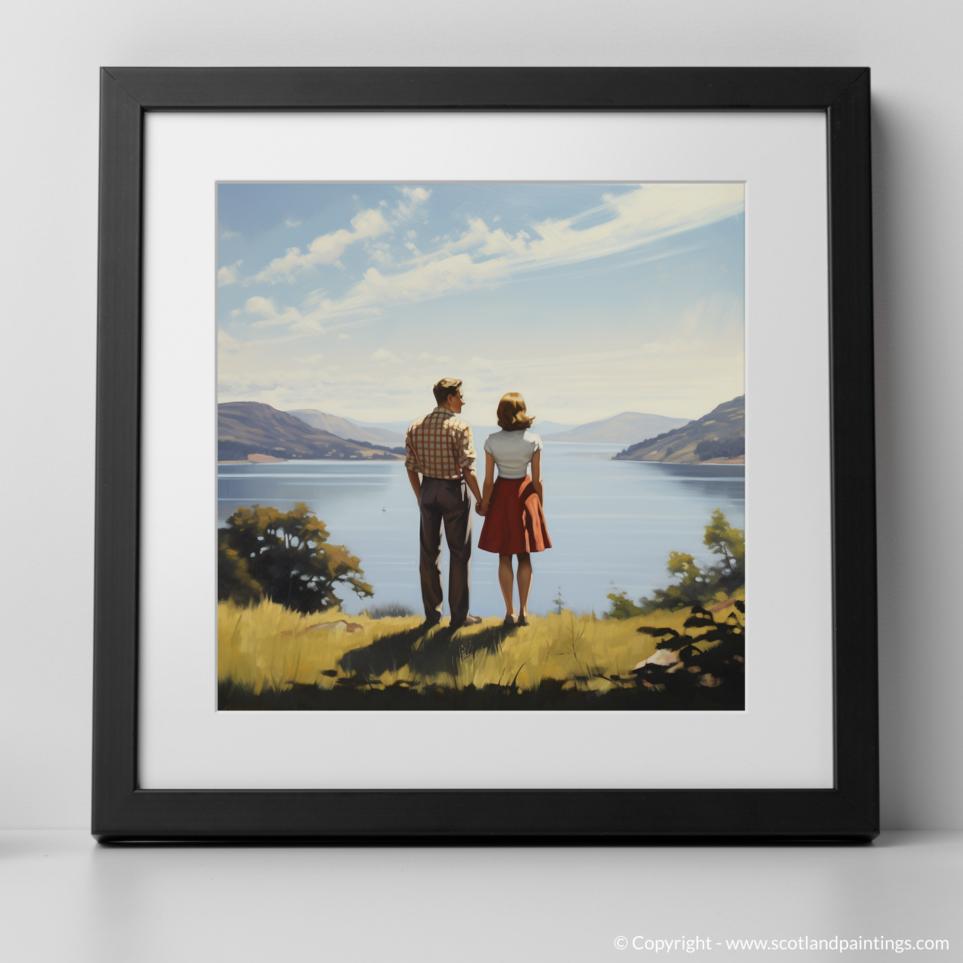 Art Print of A couple holding hands looking out on Loch Lomond with a black frame