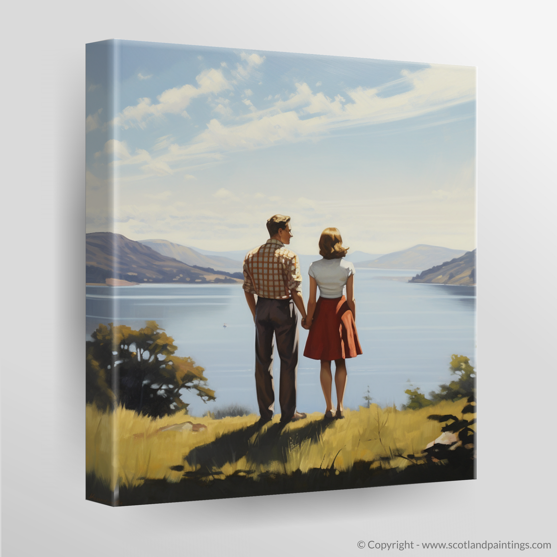 Canvas Print of A couple holding hands looking out on Loch Lomond