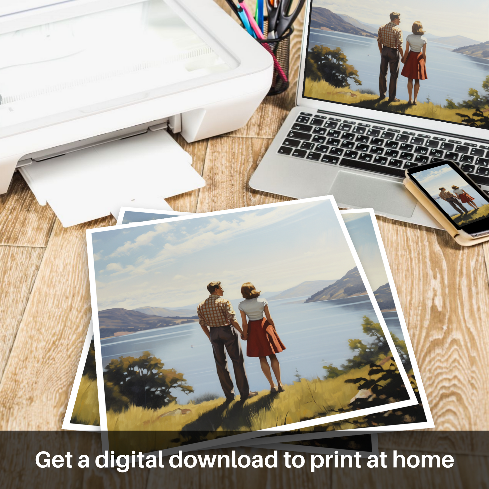 Downloadable and printable picture of A couple holding hands looking out on Loch Lomond