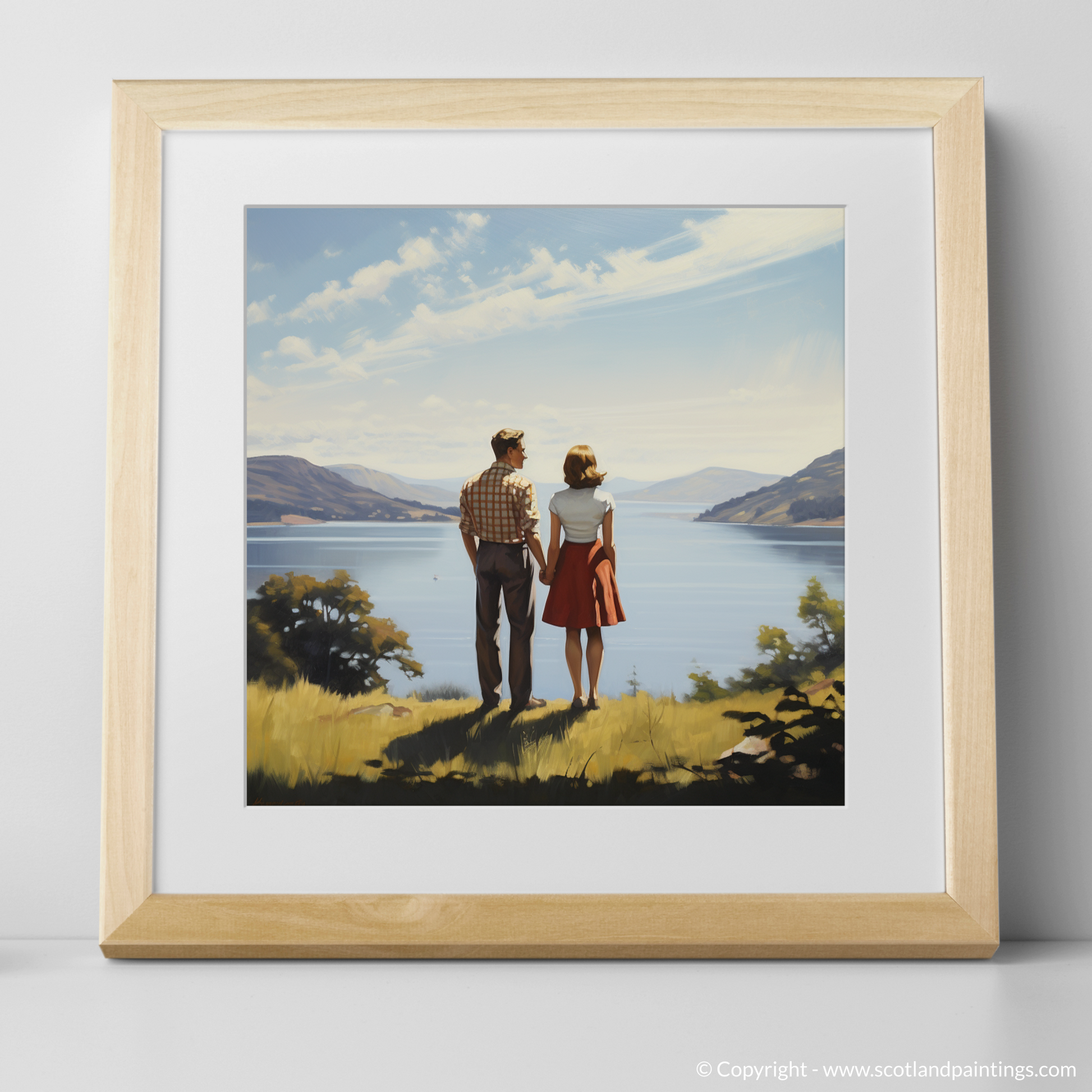 Art Print of A couple holding hands looking out on Loch Lomond with a natural frame