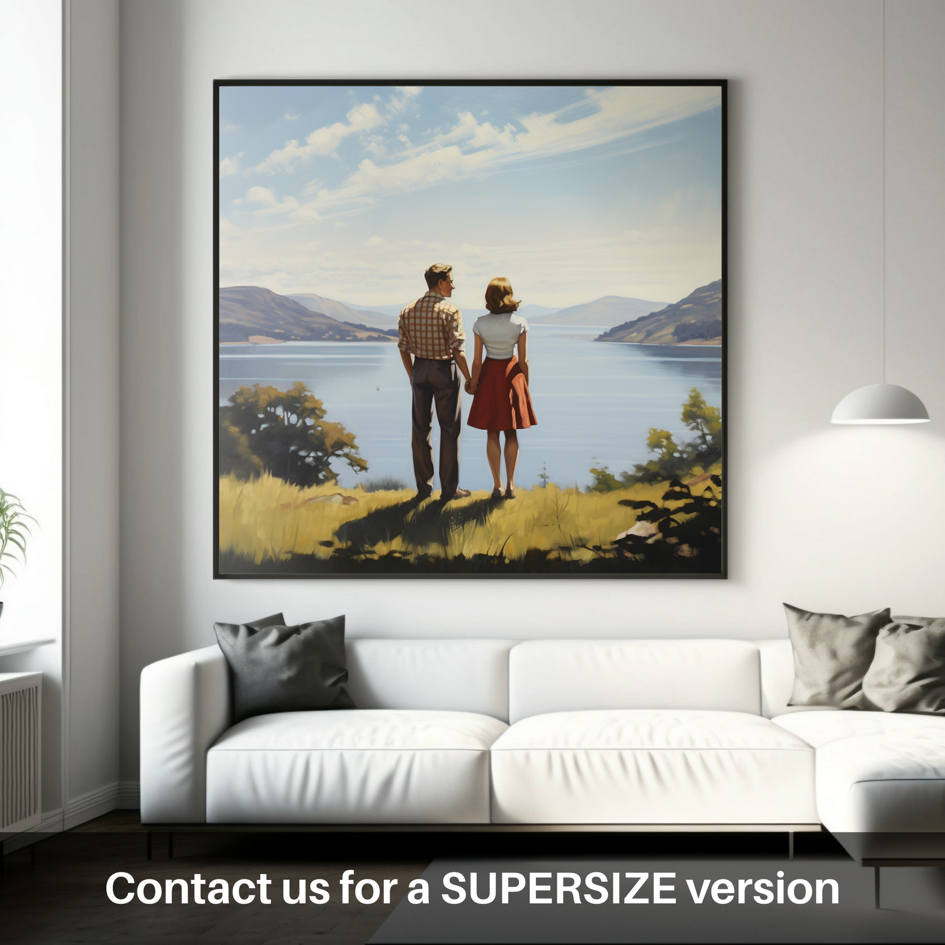 Huge supersize print of A couple holding hands looking out on Loch Lomond