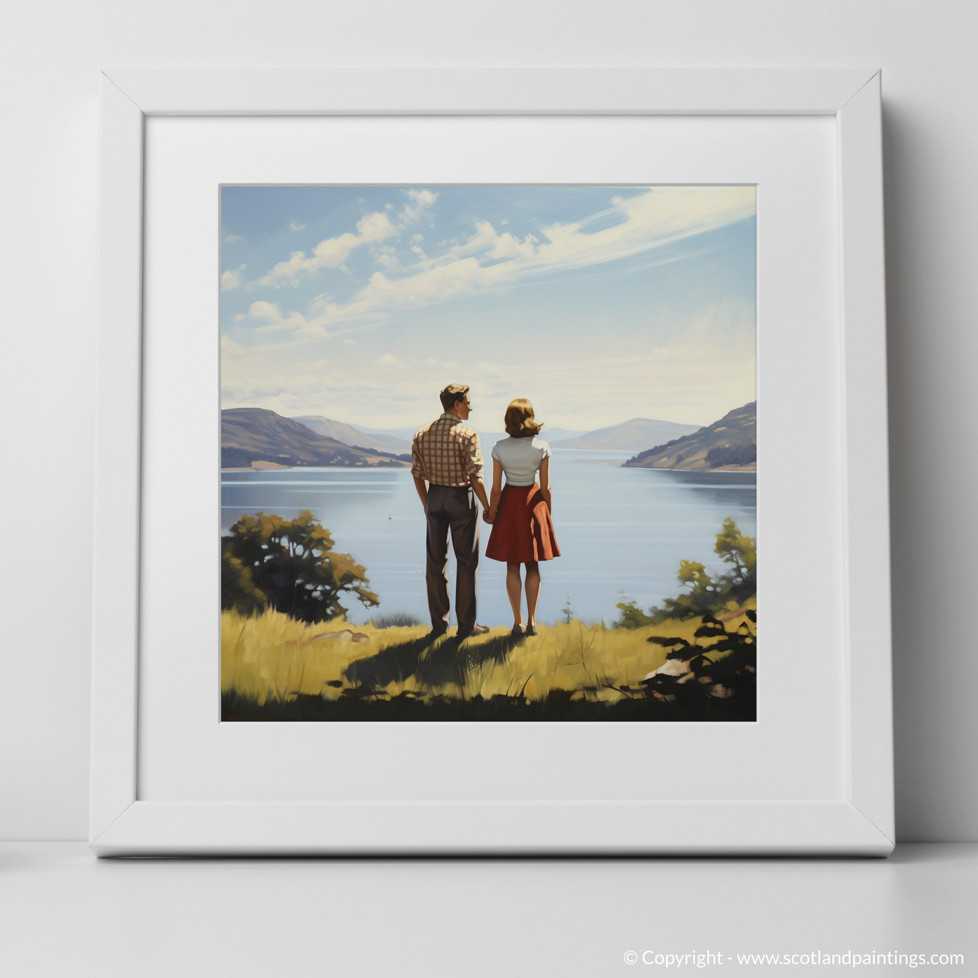 Art Print of A couple holding hands looking out on Loch Lomond with a white frame