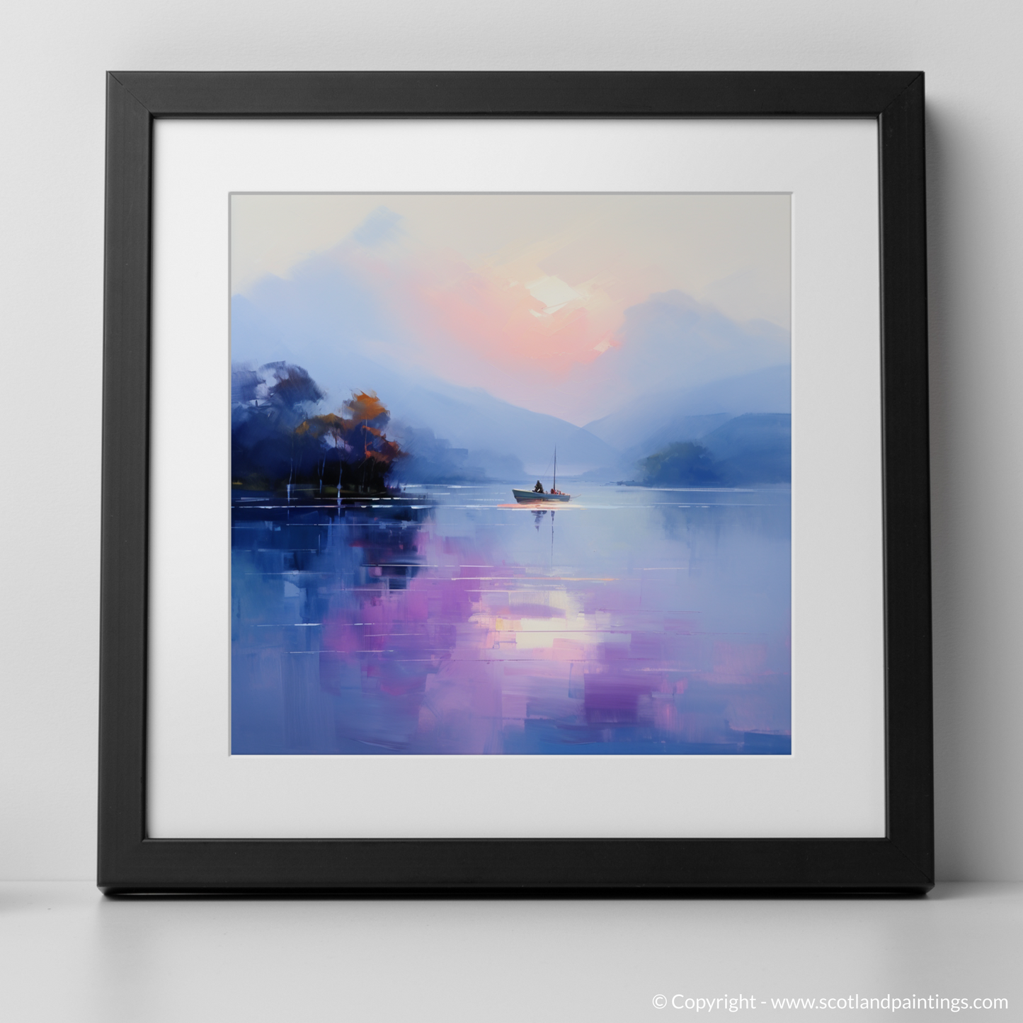 Art Print of Misty morning on Loch Lomond with a black frame