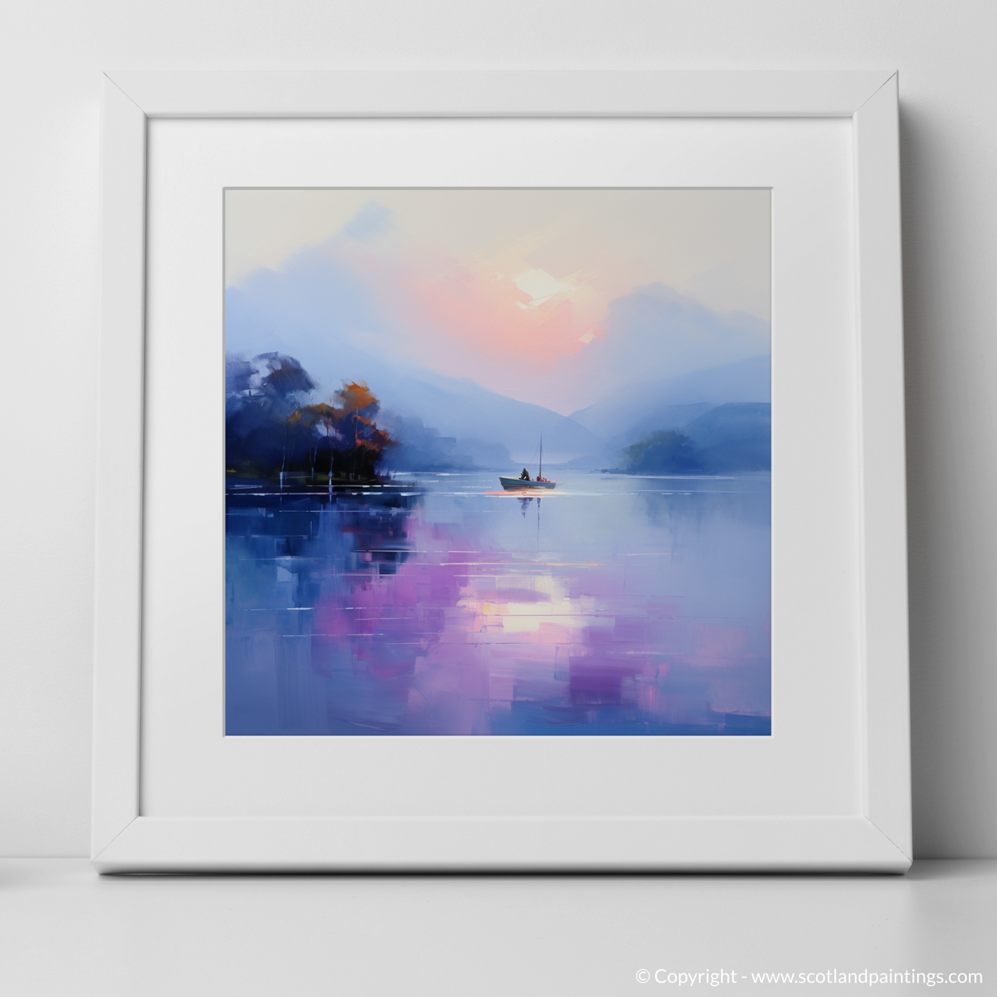 Art Print of Misty morning on Loch Lomond with a white frame