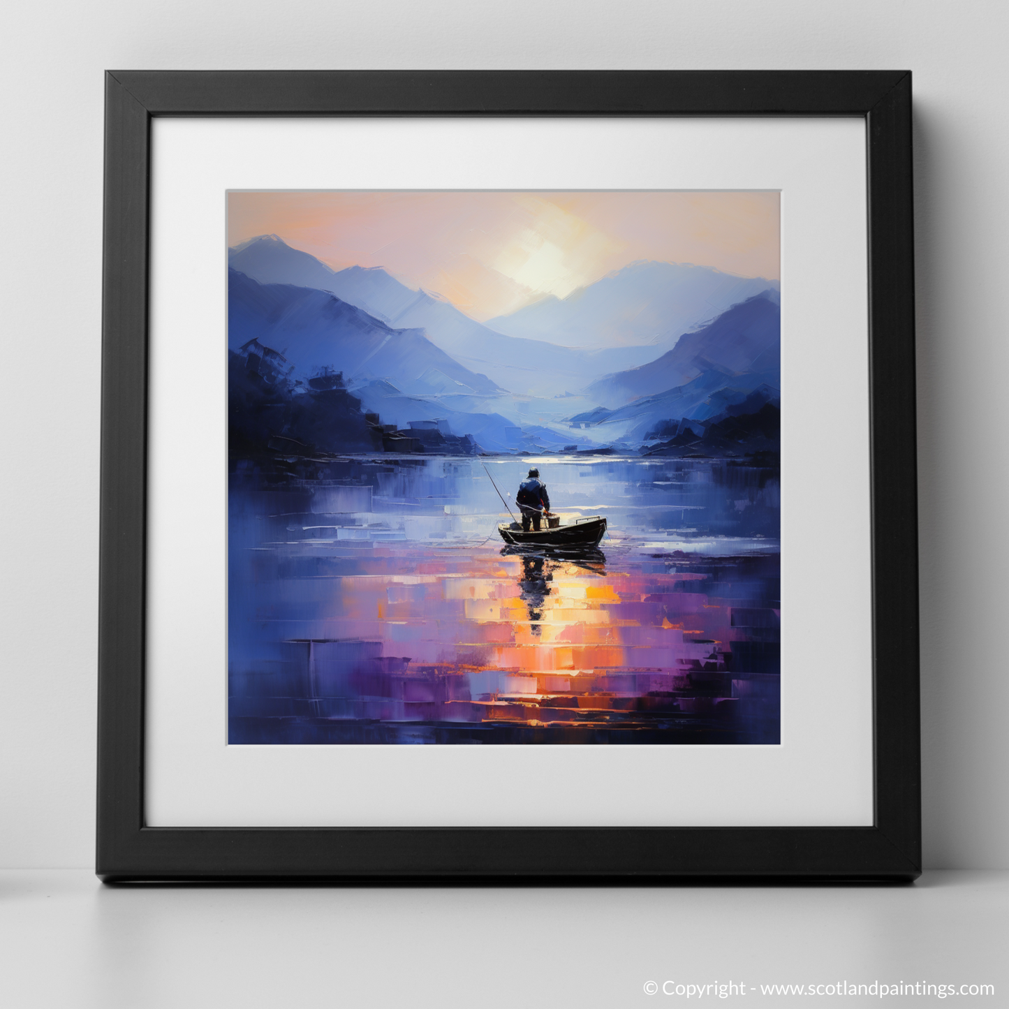 Art Print of Silhouetted fisherman on Loch Lomond with a black frame