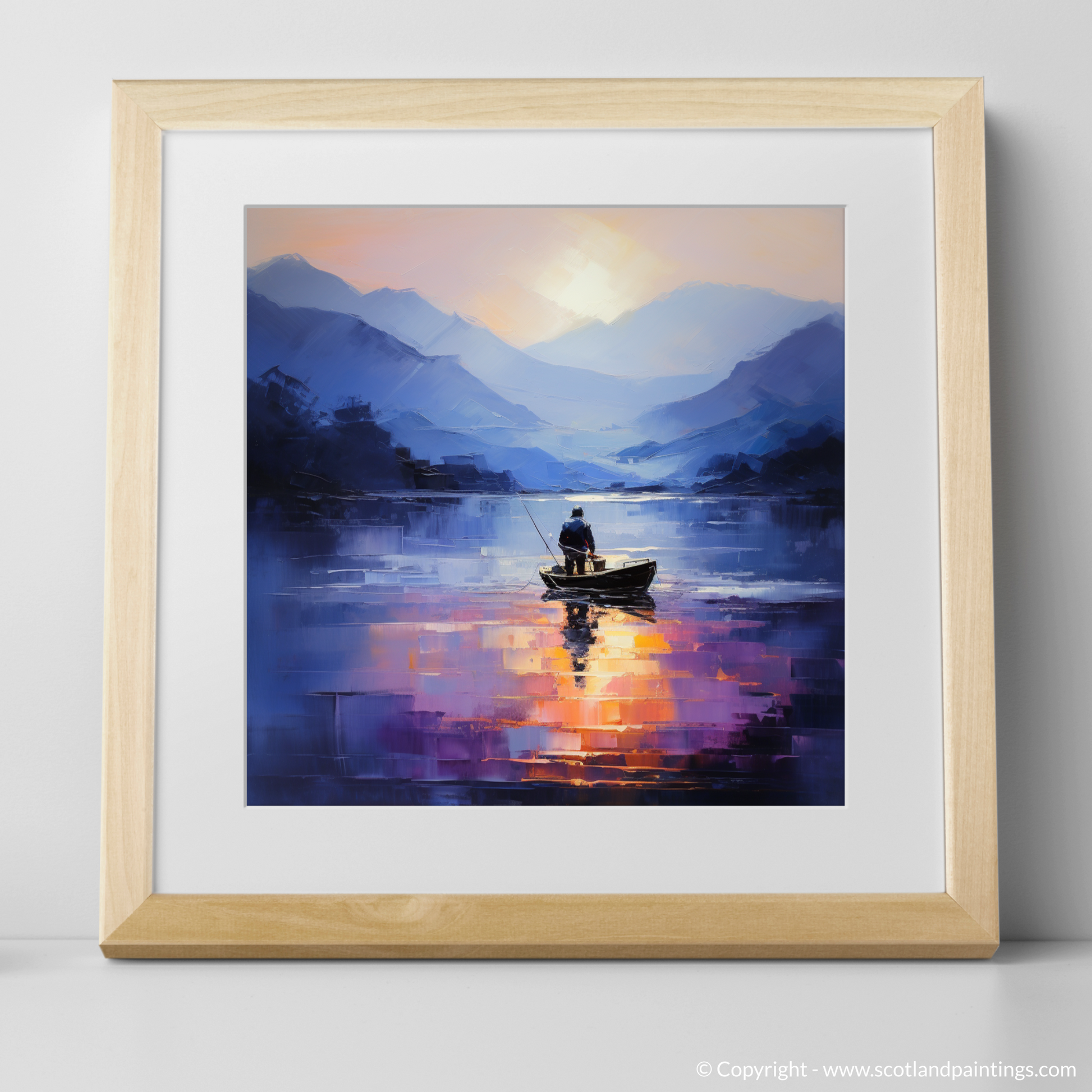 Art Print of Silhouetted fisherman on Loch Lomond with a natural frame