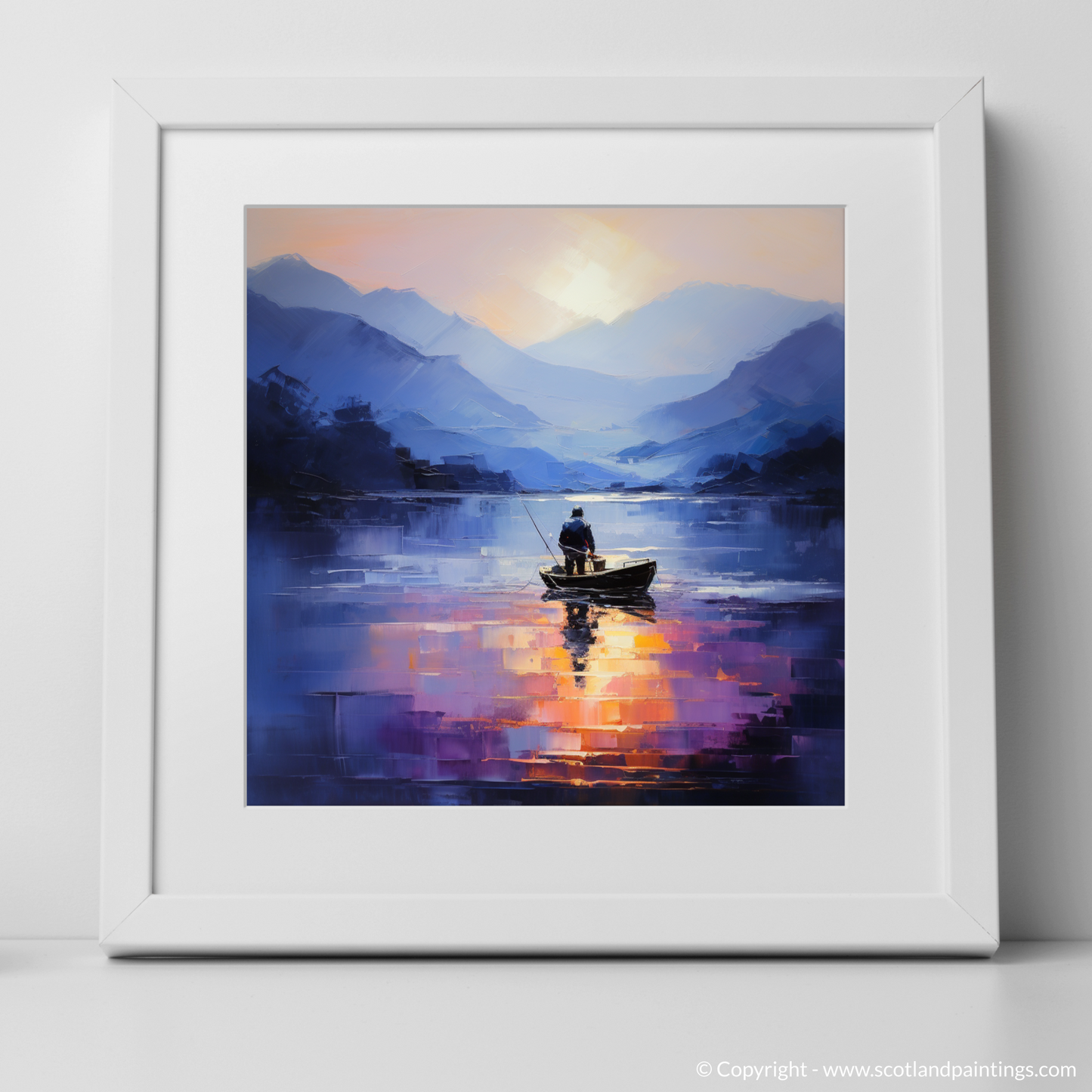 Art Print of Silhouetted fisherman on Loch Lomond with a white frame