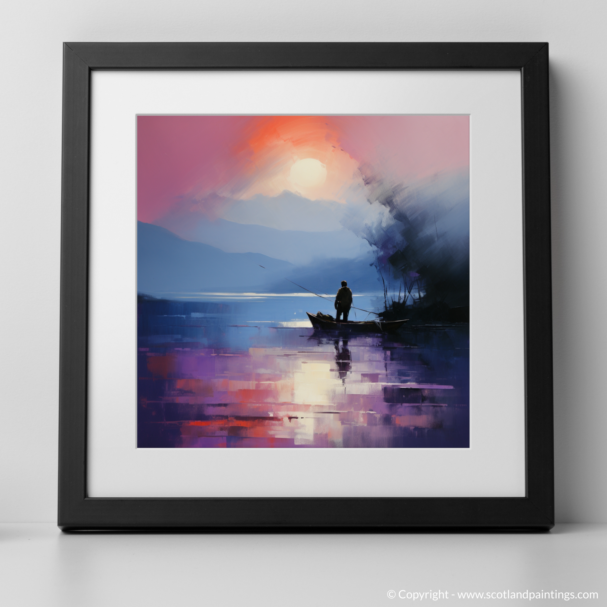 Art Print of Silhouetted fisherman on Loch Lomond with a black frame