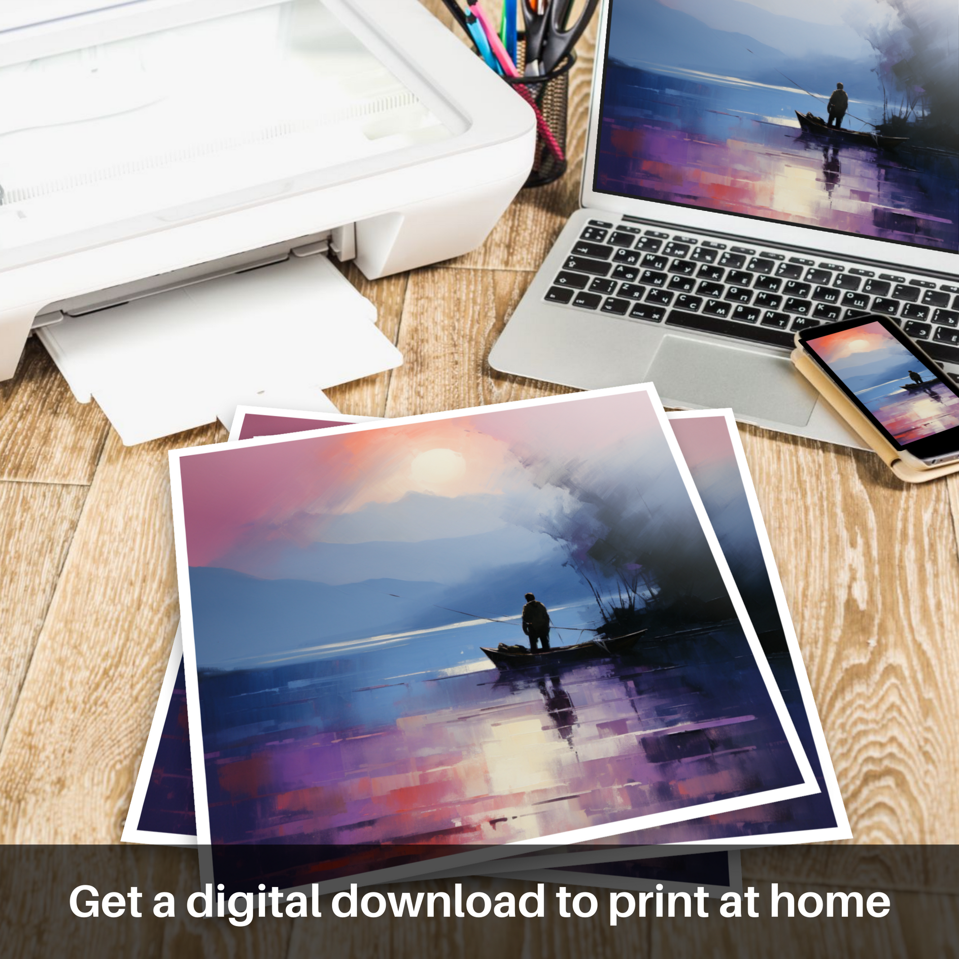 Downloadable and printable picture of Silhouetted fisherman on Loch Lomond