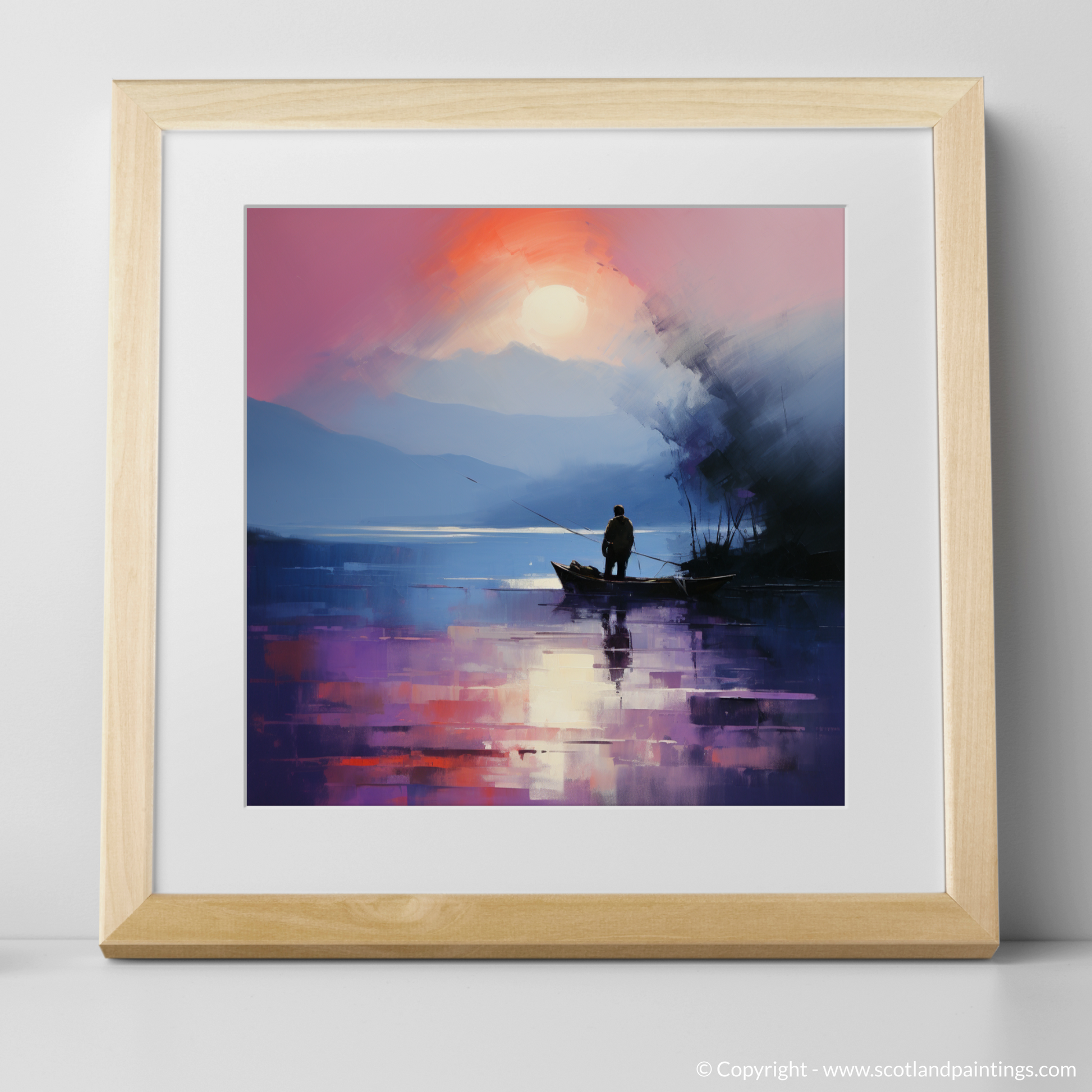 Art Print of Silhouetted fisherman on Loch Lomond with a natural frame