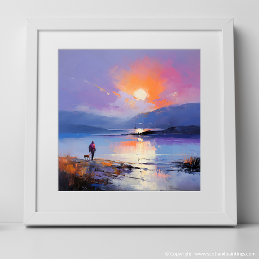 Painting and Art Print of A man walking dog at the side of Loch Lomond. Sunset Serenity at Loch Lomond with Man and Dog.