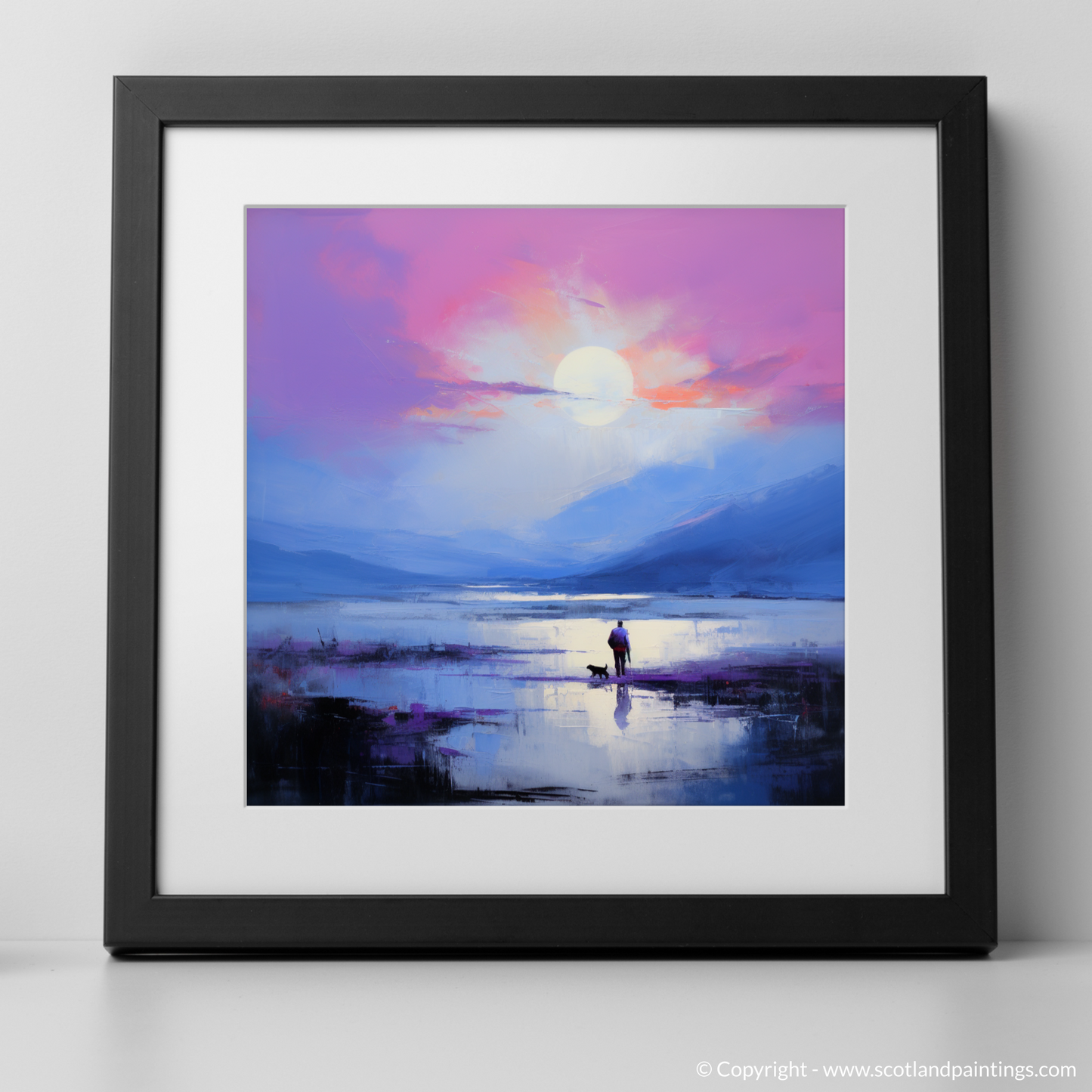 Painting and Art Print of A man walking dog at the side of Loch Lomond. Ethereal Embrace at Loch Lomond.