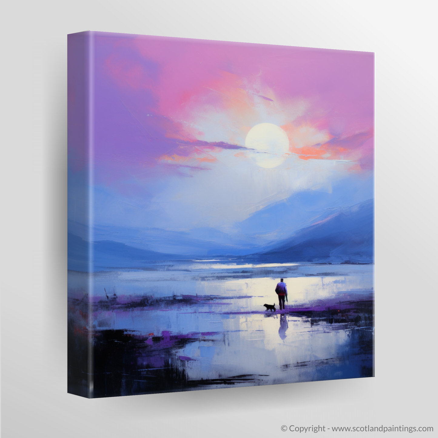 Painting and Art Print of A man walking dog at the side of Loch Lomond. Ethereal Embrace at Loch Lomond.