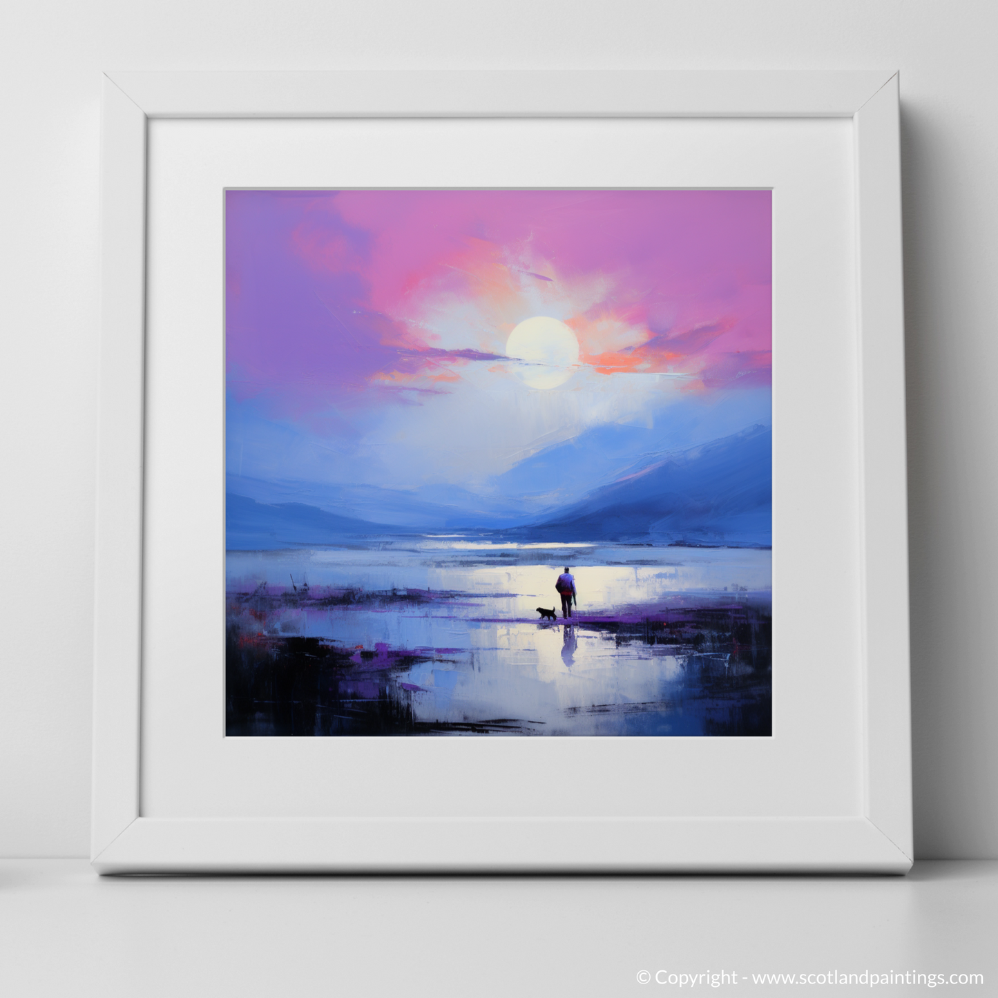 Painting and Art Print of A man walking dog at the side of Loch Lomond. Ethereal Embrace at Loch Lomond.