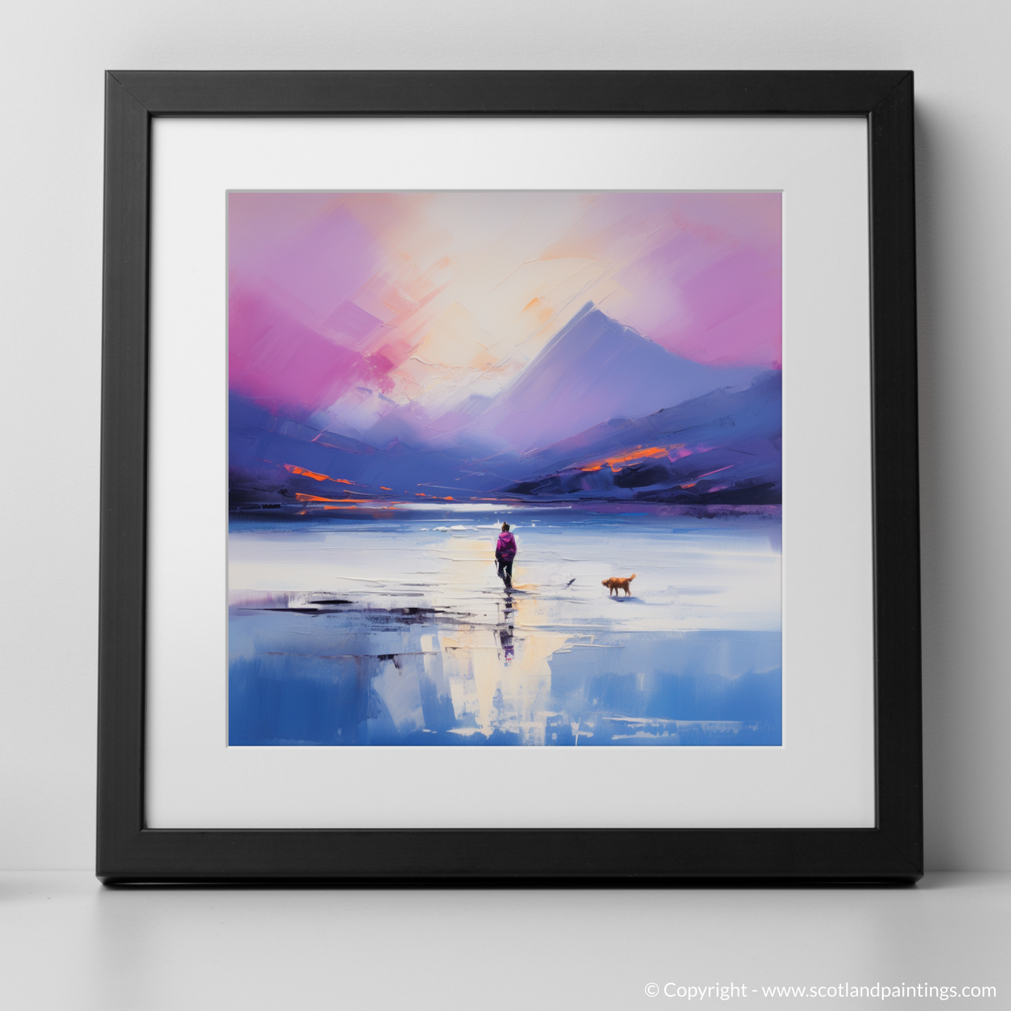 Art Print of A man walking dog at the side of Loch Lomond with a black frame