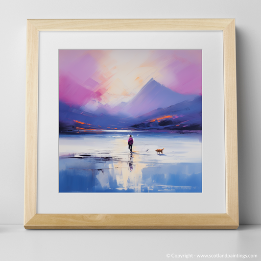 Art Print of A man walking dog at the side of Loch Lomond with a natural frame