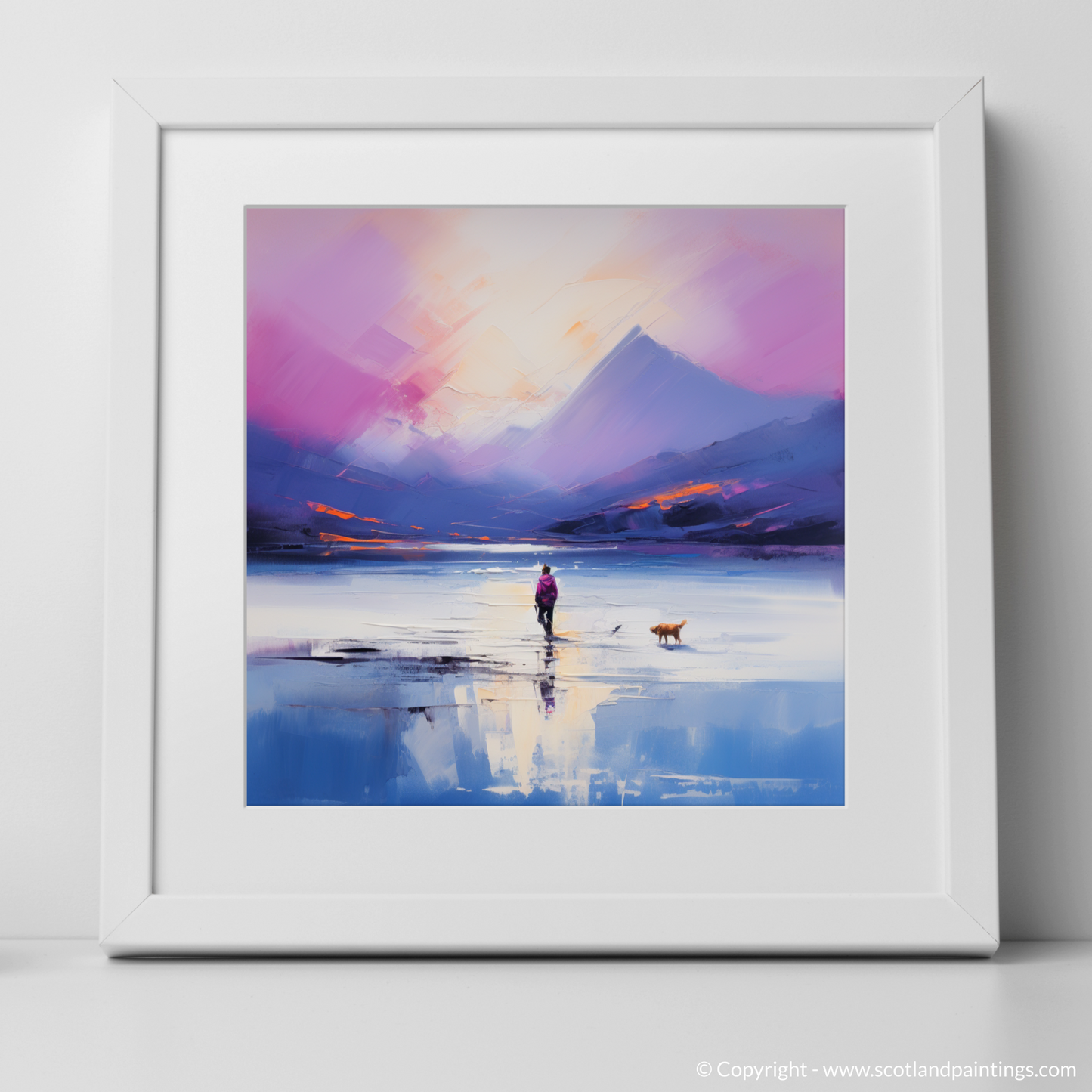 Art Print of A man walking dog at the side of Loch Lomond with a white frame