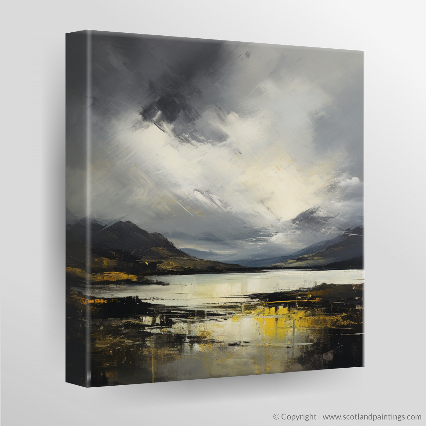 Painting and Art Print of Storm clouds above Loch Lomond. Storm Over Loch Lomond: An Abstract Dance of Light and Shadow.