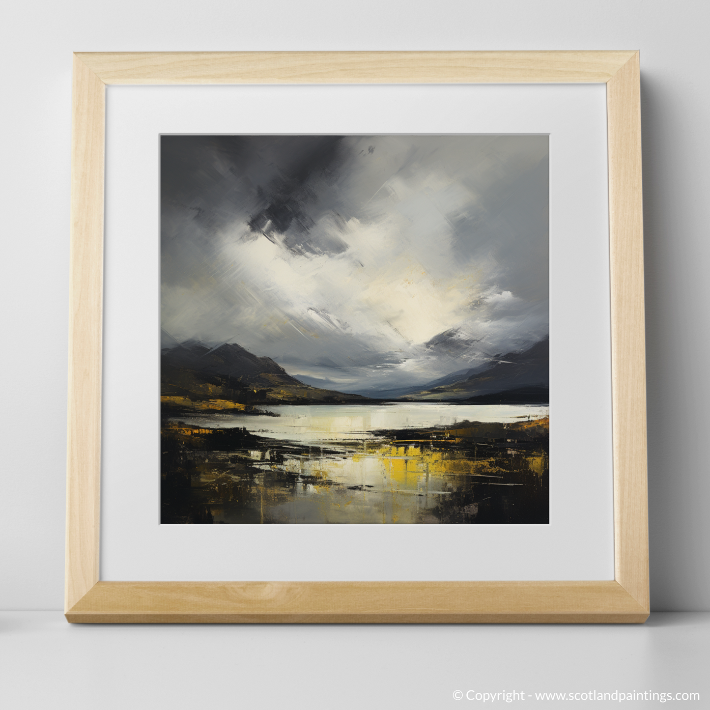 Painting and Art Print of Storm clouds above Loch Lomond. Storm Over Loch Lomond: An Abstract Dance of Light and Shadow.