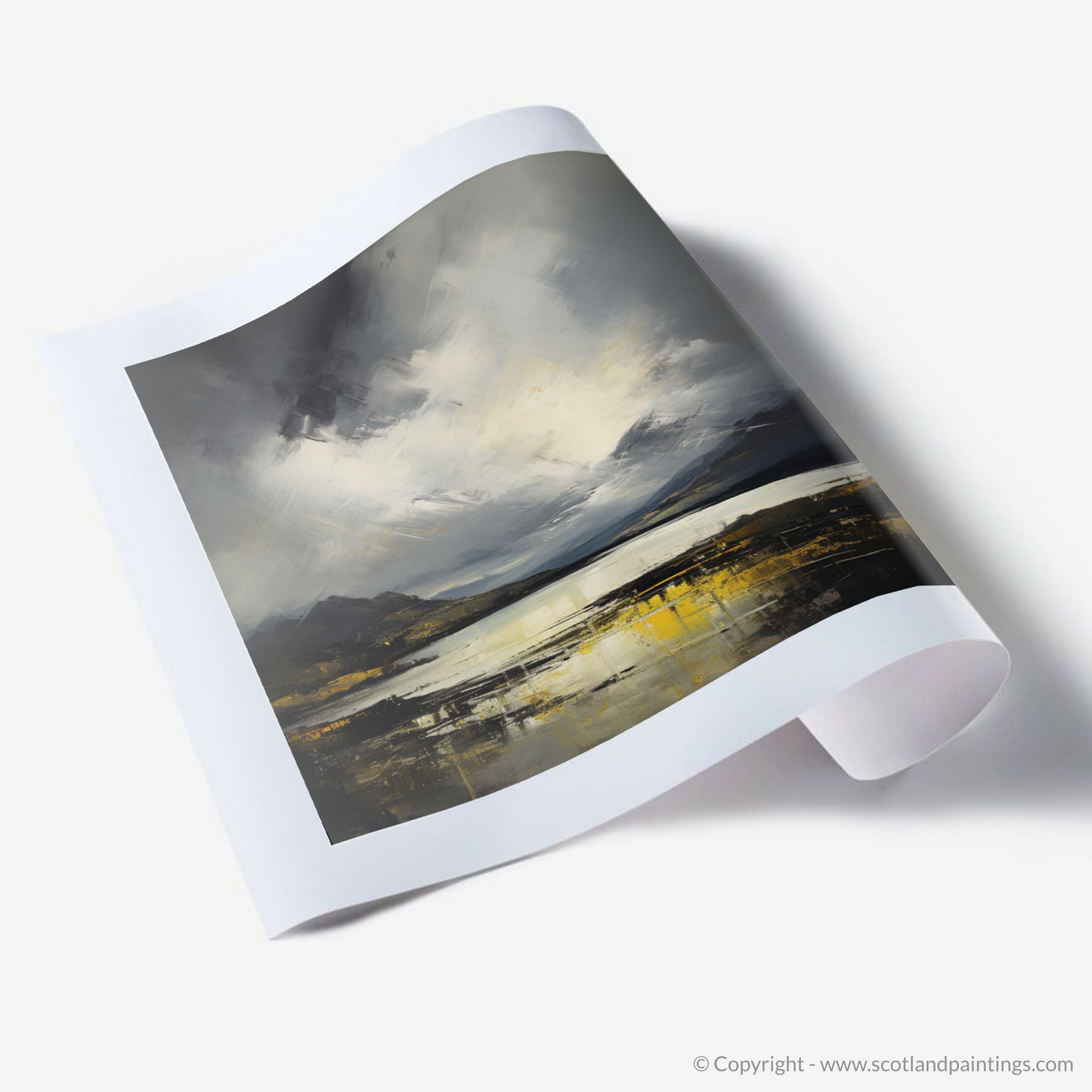 Painting and Art Print of Storm clouds above Loch Lomond. Storm Over Loch Lomond: An Abstract Dance of Light and Shadow.